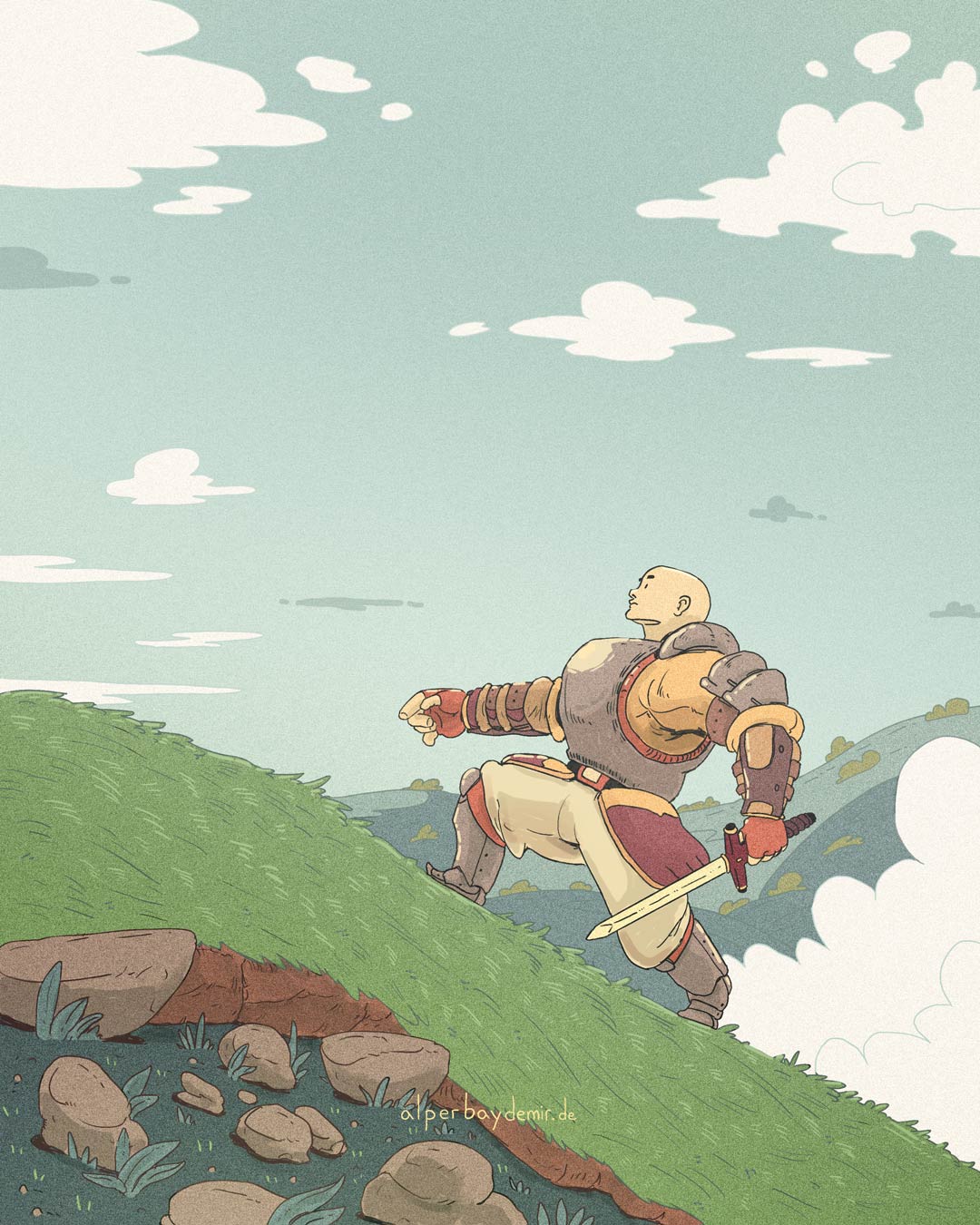 Illustration Ein Ritter mit Schwert steigt gemütlich den Abhang hinauf