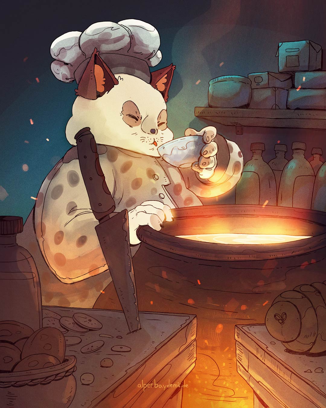 Illustration Kochende Katze schmeckt Essen ab