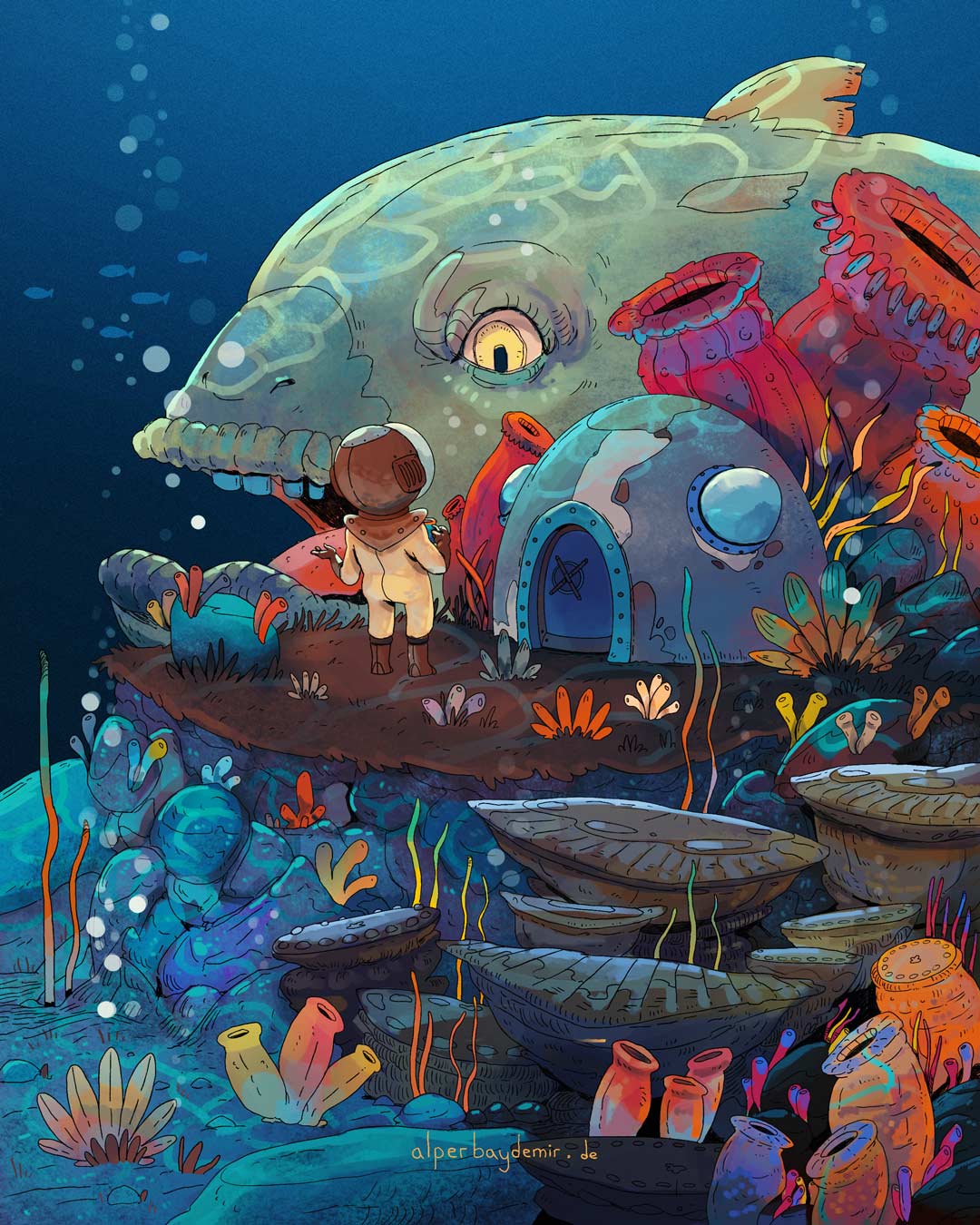 illustration Mann im Tauchanzug zwischen Korallen und Fischen