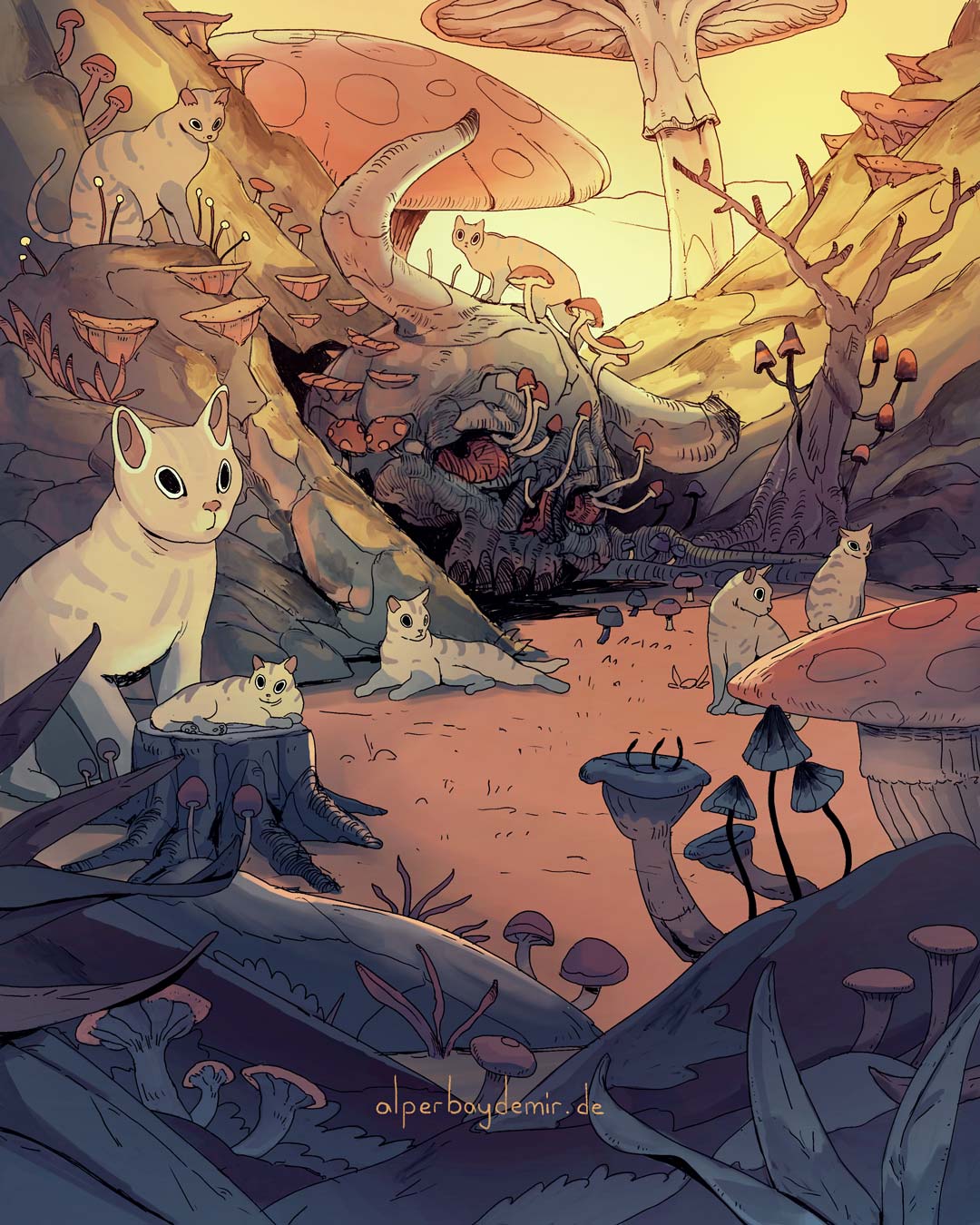 Illustration einer staubigen Landschaft voller weißer Katzen und Pilze, dominiert von einem riesigen Schädel