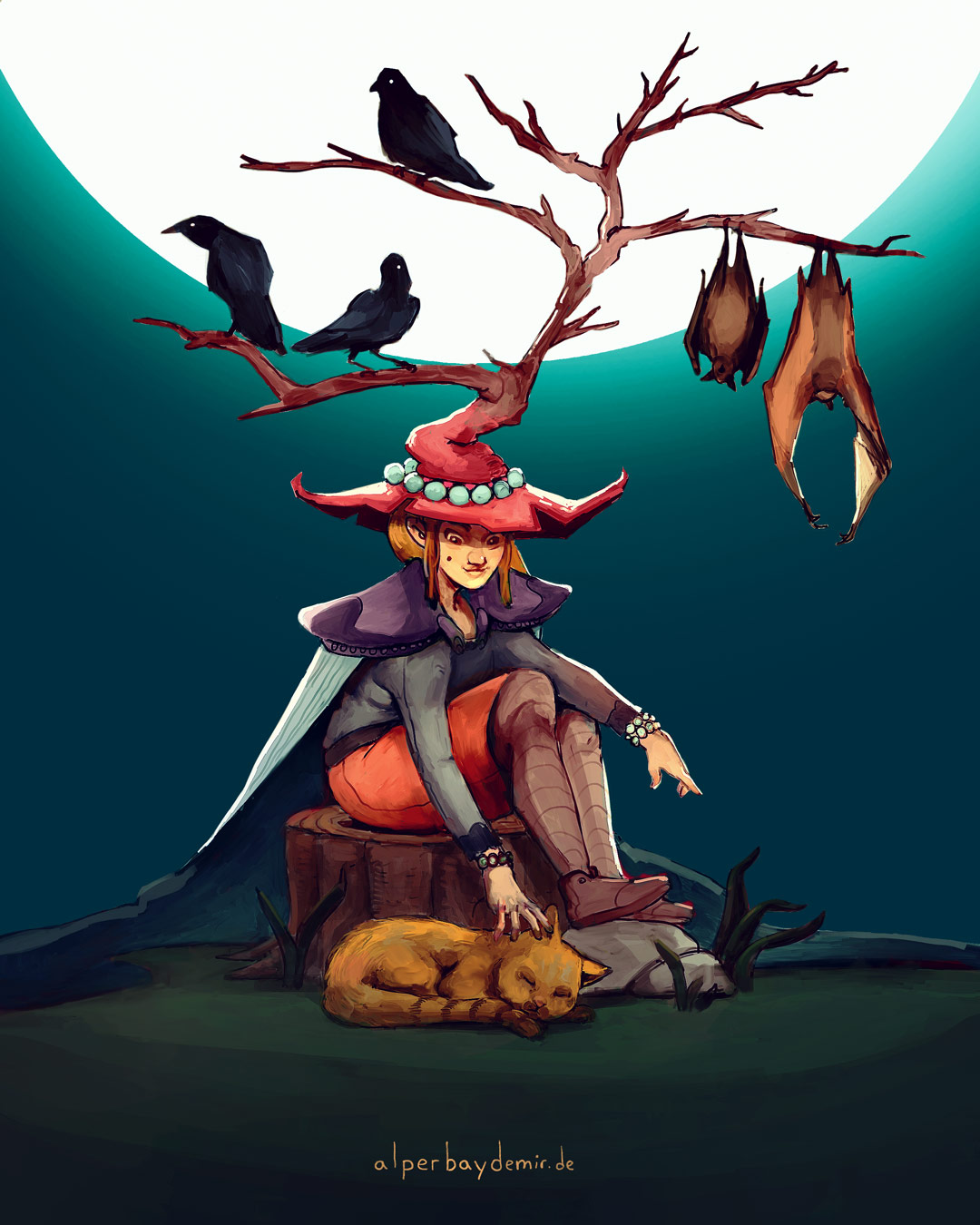 illustration-Eine-Hexe-streichelt-ihre-Katze