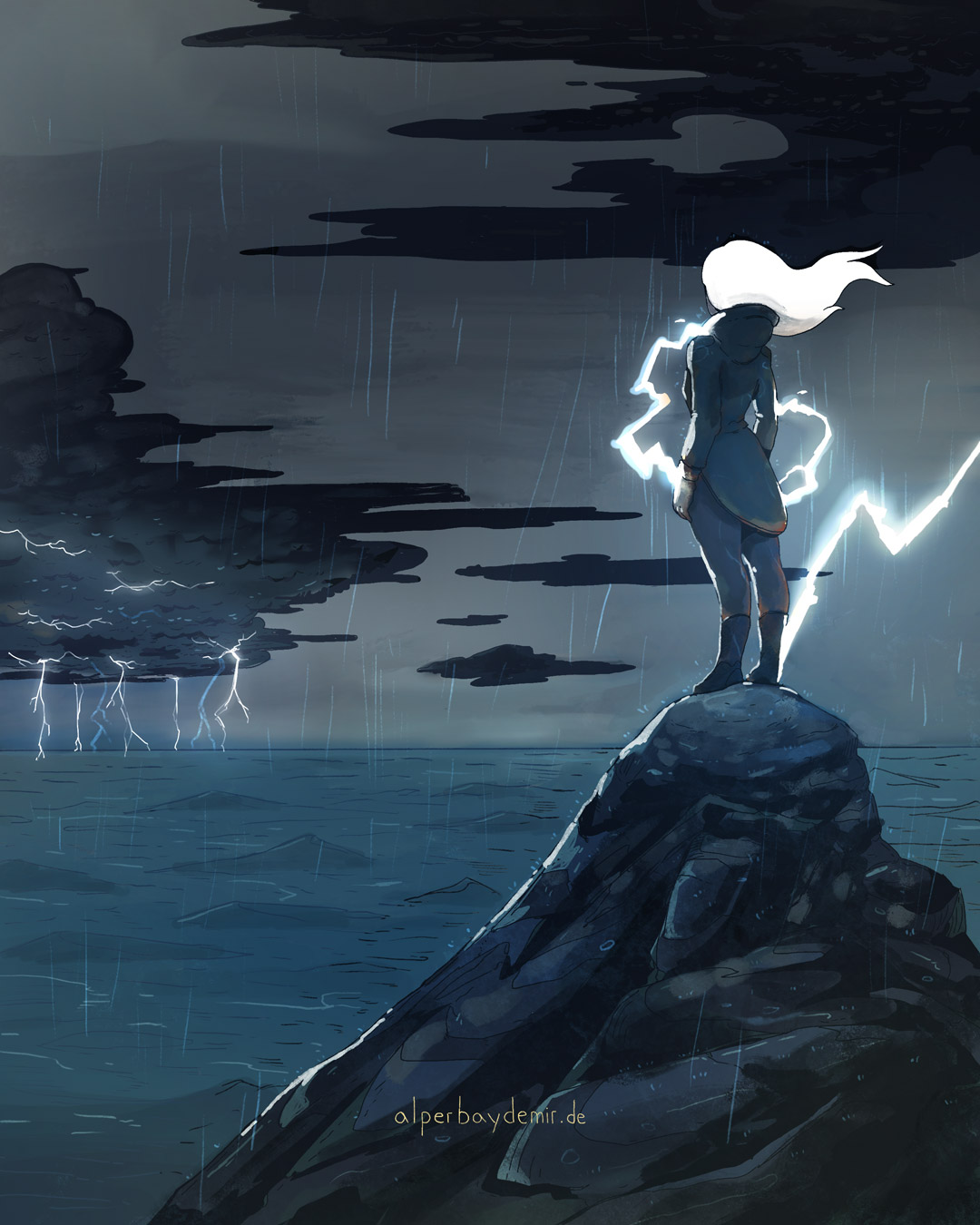 illustration-Eine-Frau-umgeben-von-Blitzen-blickt-auf-eine-Gewitterwolke