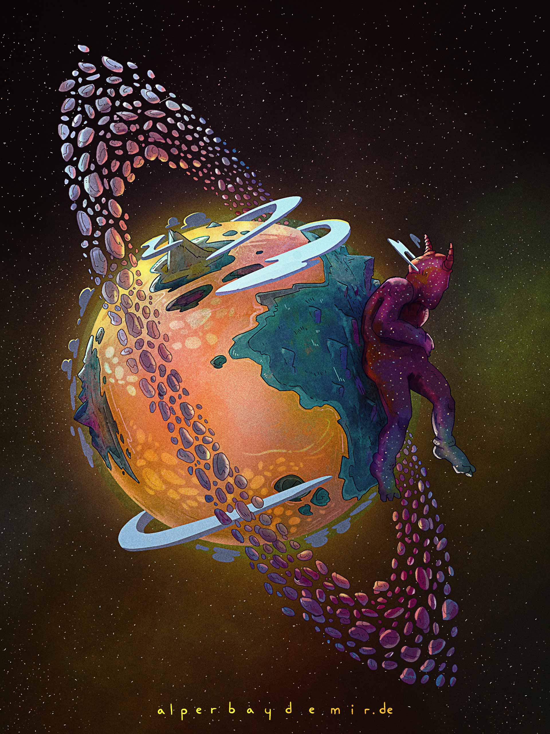 Eine Illustration eines orange leuchtenden Planeten mit einem friedlich liegenden riesigen Monster.