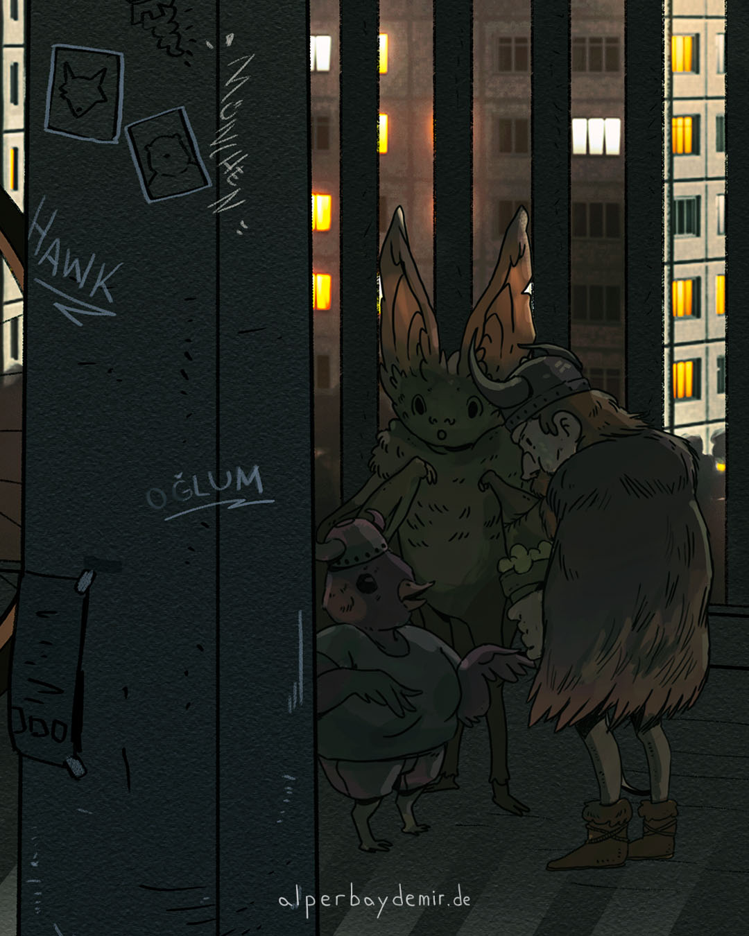 Illustration Eine Fledermaus ein Vogel und ein Wikinger unterhalten sich