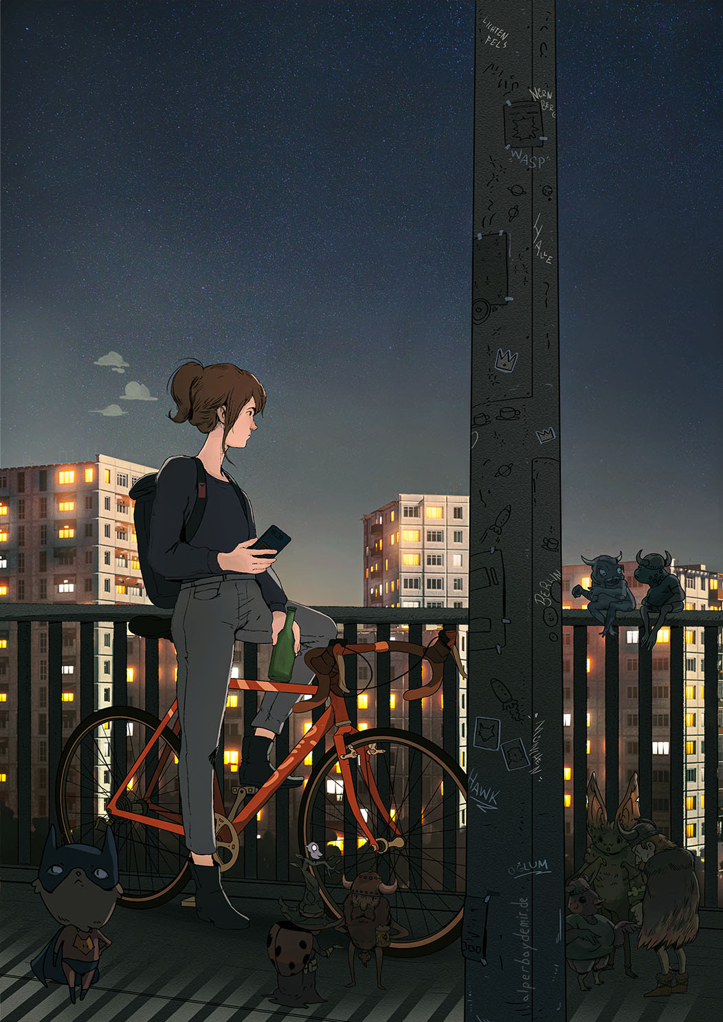 Eine junge Frau blickt gedankenverloren auf einer Brücke bei Nacht, während die Lichter der Stadt um sie herum aufleuchten und geheimnisvolle Wesen im Dunkeln ihrem Treiben nachgehen.