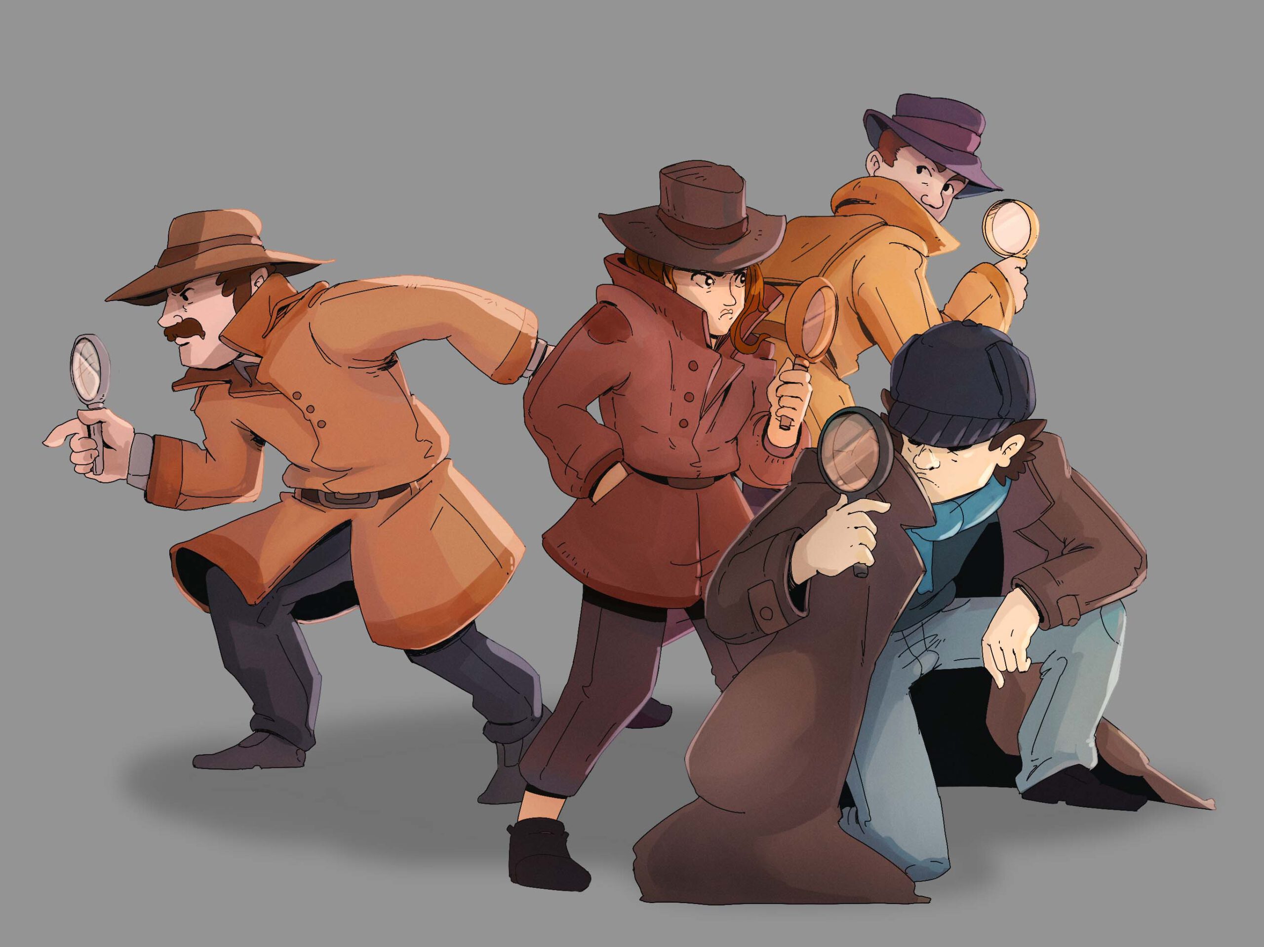 Eine illustrierte Comic-Detektivgruppe aus 4 Detektiven