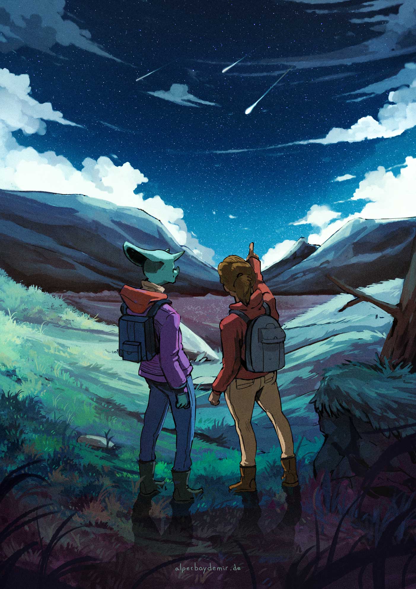 Illustration von zwei Wanderern, beobachten gerade einen fliegenden Meteoroid in einer nächtlichen Waldlandschaft.