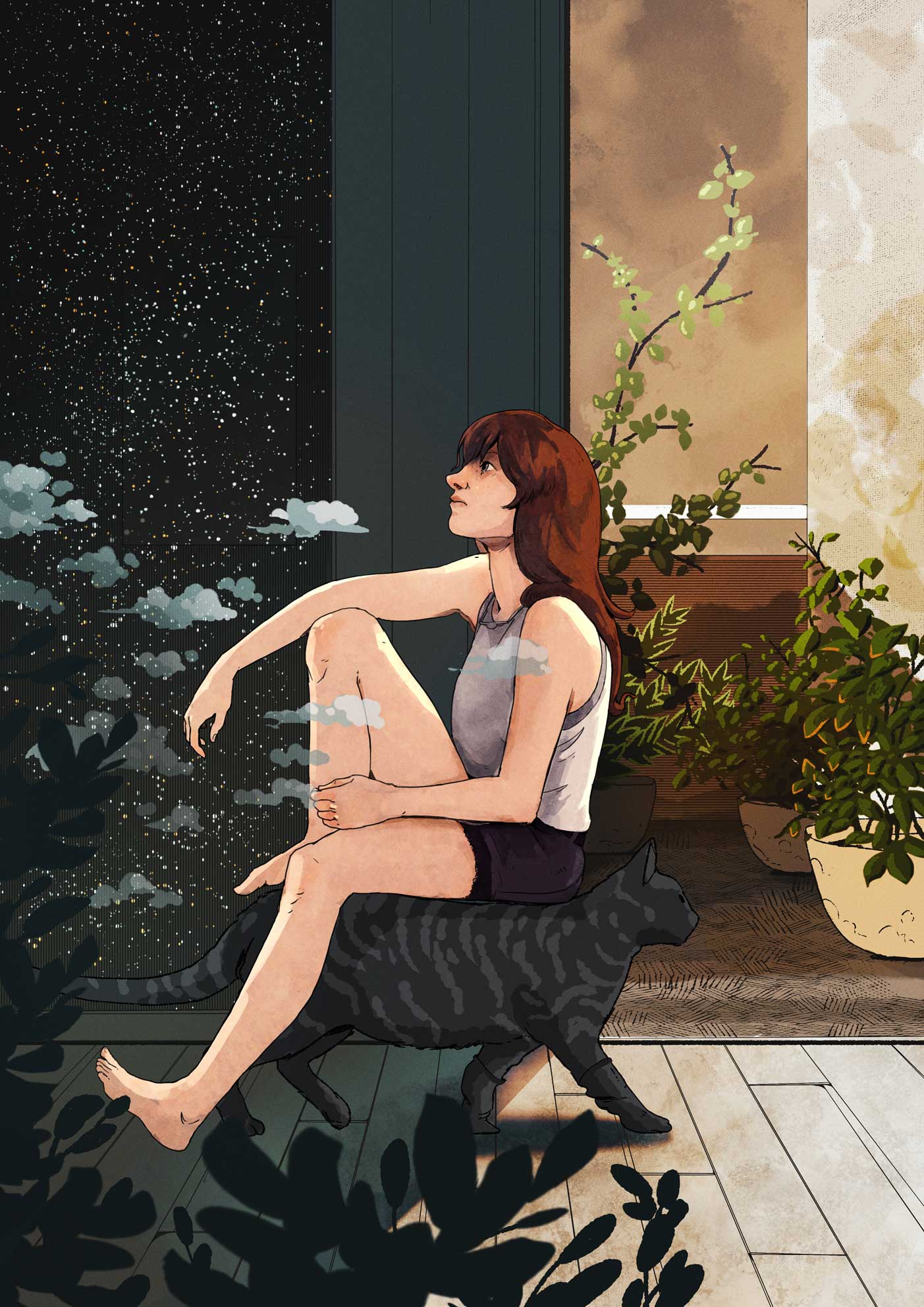 Eine Illustration einer jungen Frau sitzt auf ihrer Katze inmitten ihres grünen Zuhauses