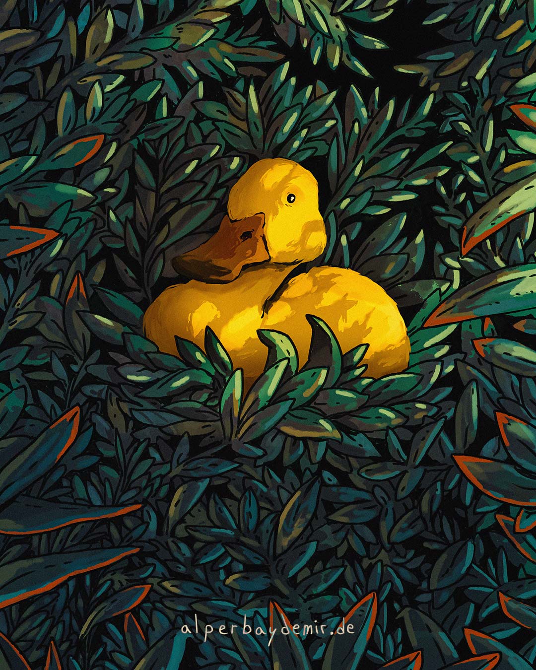 Eine Illustration einer süßen gelben Ente, die inmitten von grünem Gestrüpp sitzt.