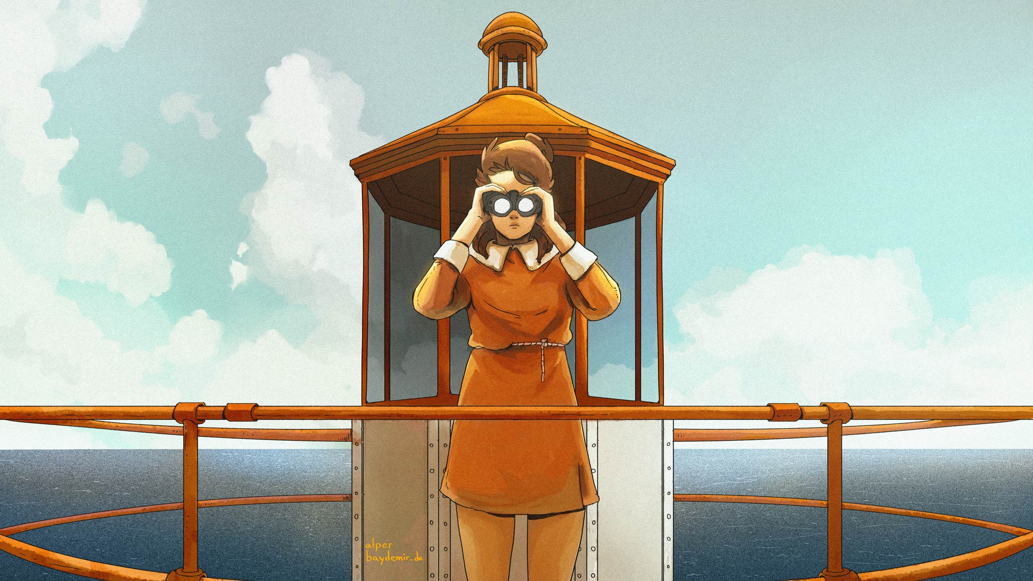 Eine Illustration von einem jungen Mädchen, welches auf einem Leuchtturm steht und durch ein Fernglas auf den Ozean blickt
