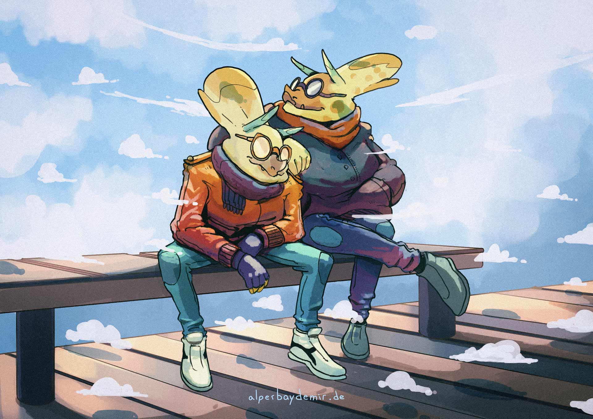 Illustration von zwei Freunden im Winter, die auf einer Bank sitzen