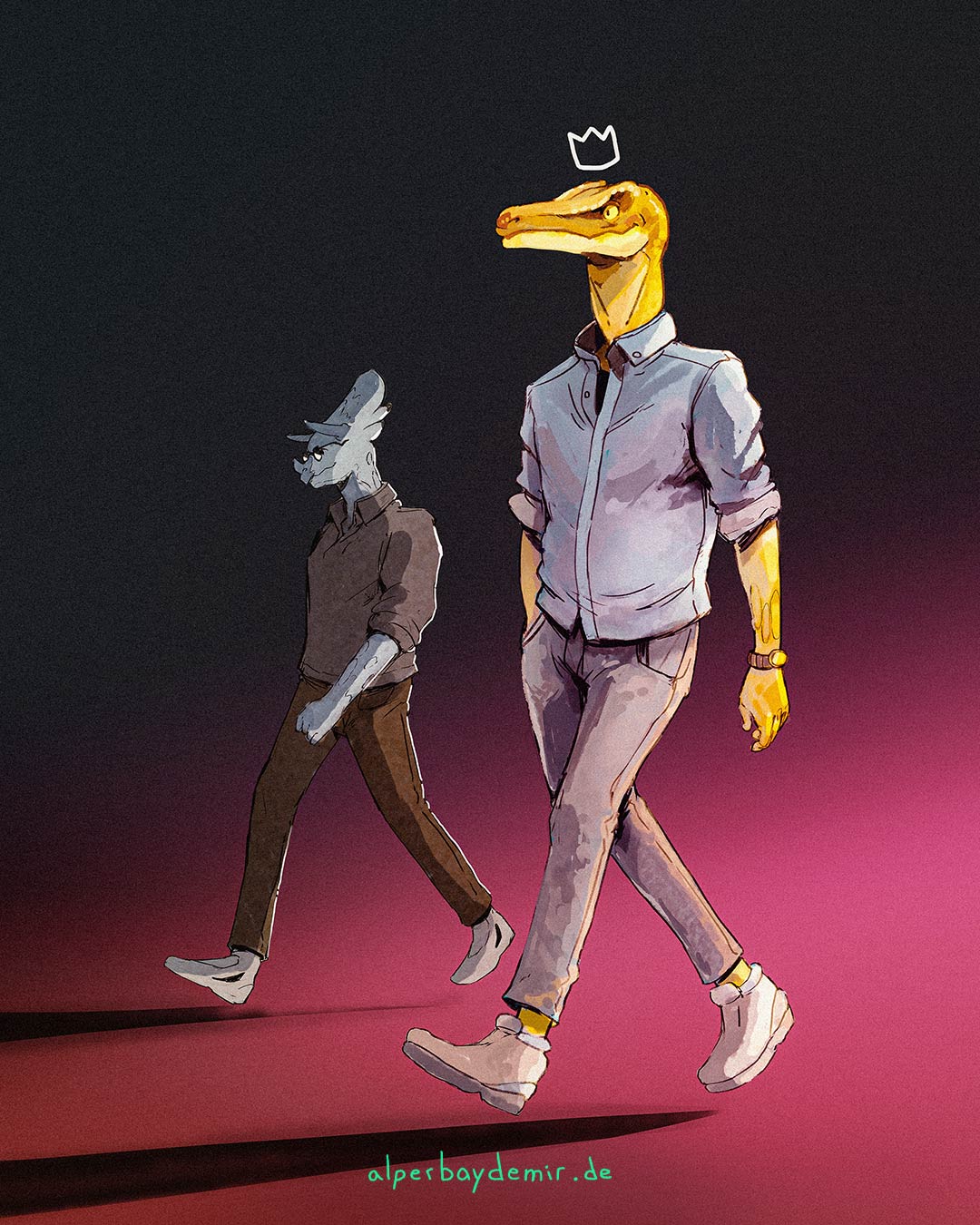 Illustration von zwei spazierenden Freunden, mit einem Velociraptor Kopf und einem Triceratops Kopf