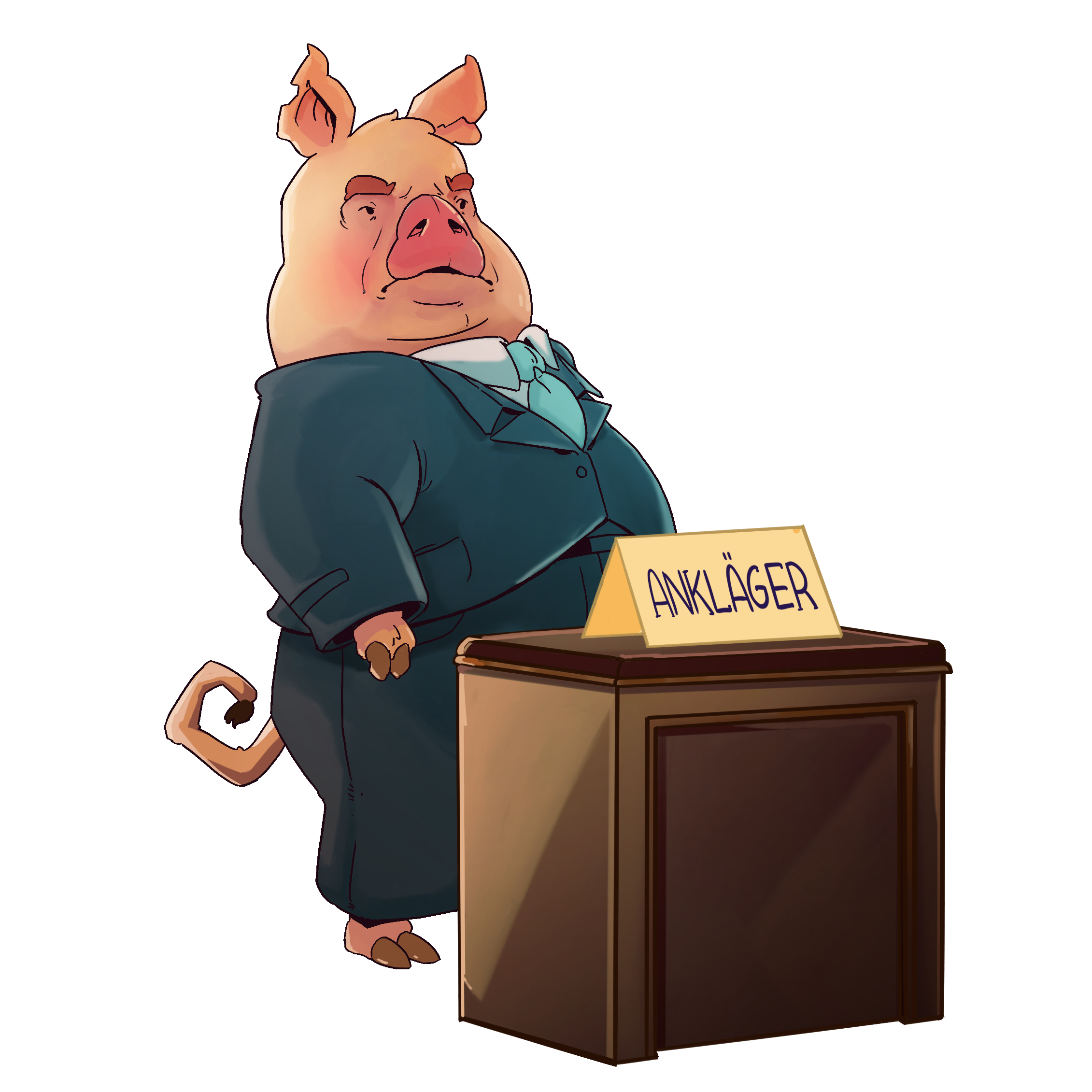 Illustration eines Schweins als Ankläger vor Gericht - Ironie und Absurdität von Tieren in menschlichen Rollen