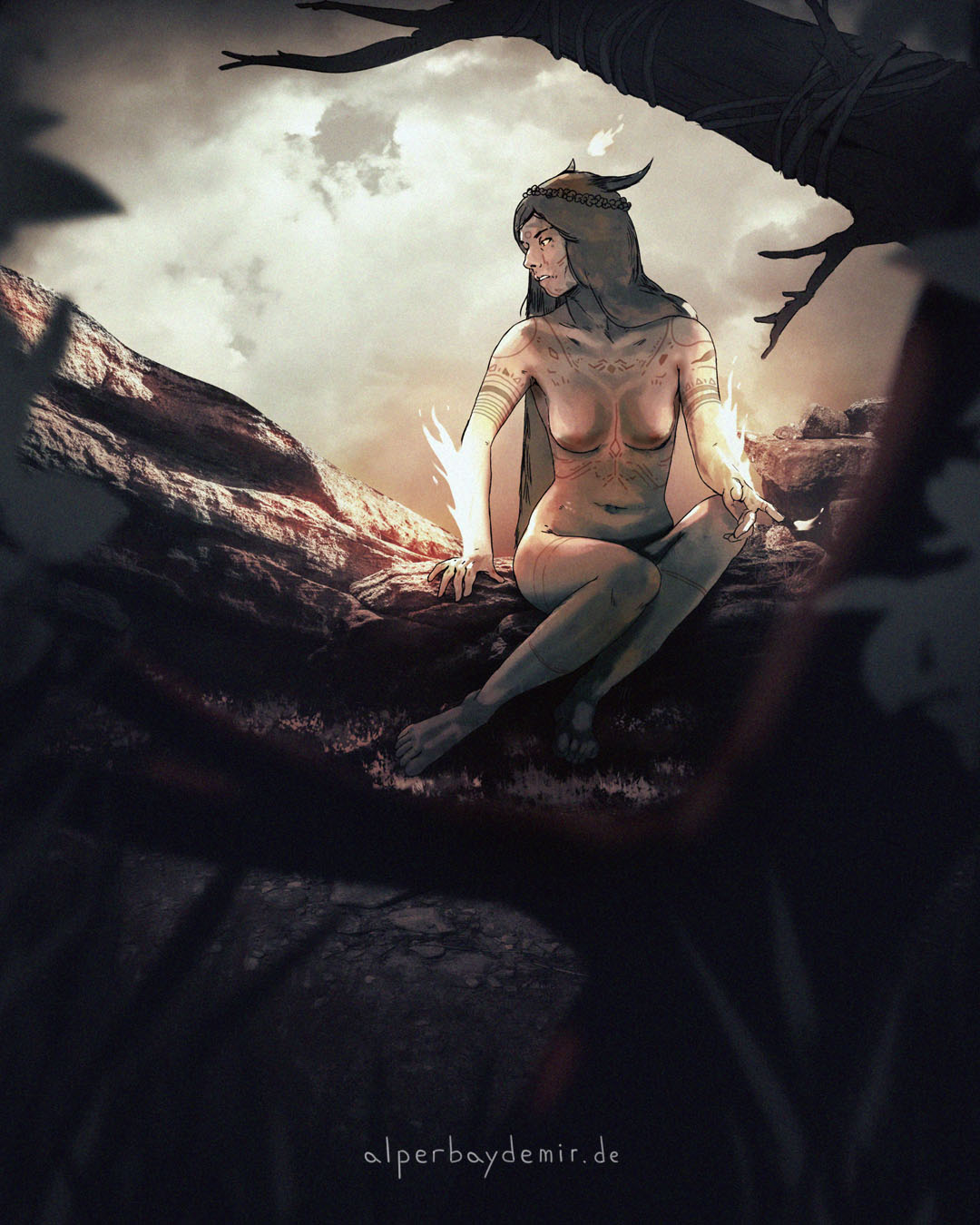 Illustration einer sitzenden Hexe, blickt gedankenverloren, dunkler Himmel im Hintergrund, scheint beobachtet zu werden