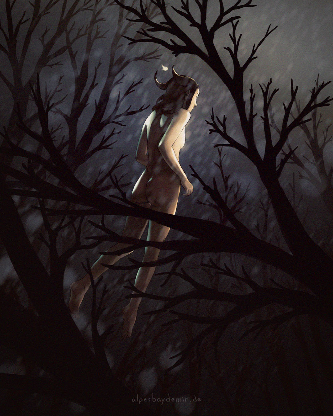Illustration einer Hexe, die ruhig durch einen Wald schwebt, umgeben von Ästen bei Nacht und im Regen.