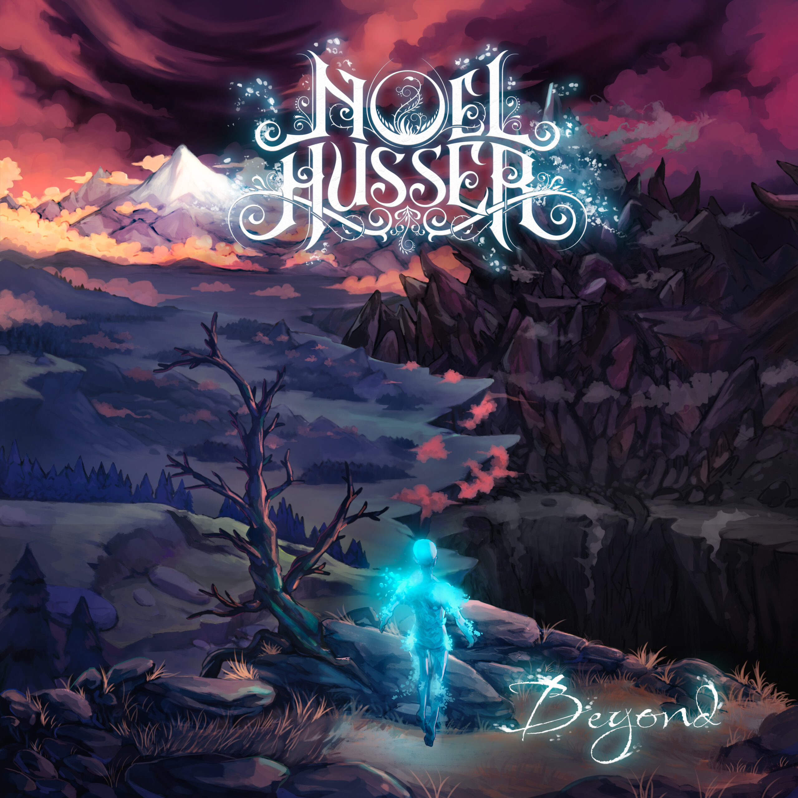 Cover-Illustration für das Album “Beyond” von Noel Husser. Das Medium, eine leuchtende blaue Figur, blickt auf die Zwischenwelt “Beyond”. Links erstreckt sich ein erleuchteter Berg mit goldenen Wolken und grünen Wiesen, rechts ein düsterer Berg mit spitzen Stacheln und einem Abgrund.