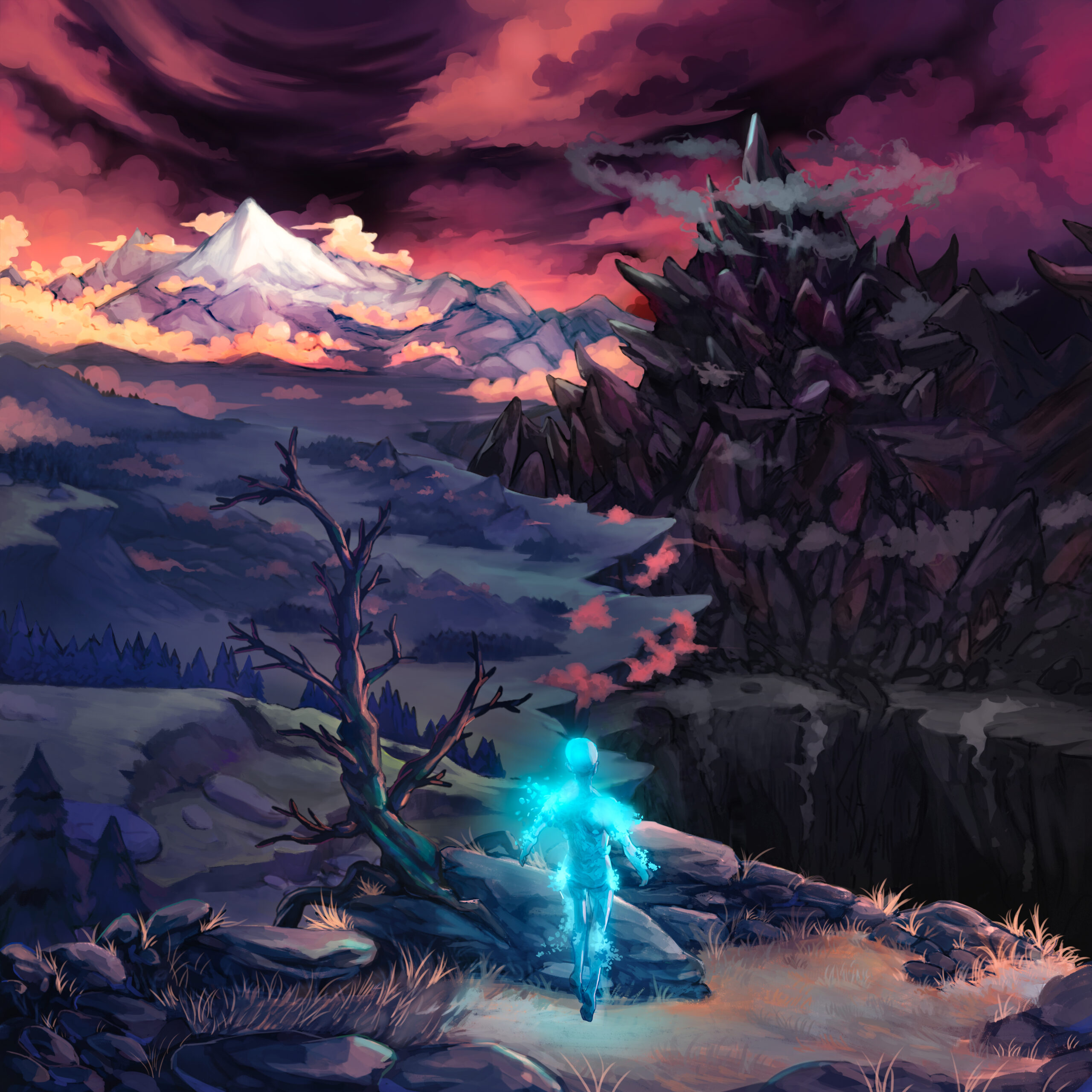 Cover-Illustration für das Album “Beyond” von Noel Husser. Das Medium, eine leuchtende blaue Figur, blickt auf die Zwischenwelt “Beyond”. Links erstreckt sich ein erleuchteter Berg mit goldenen Wolken und grünen Wiesen, rechts ein düsterer Berg mit spitzen Stacheln und einem Abgrund.