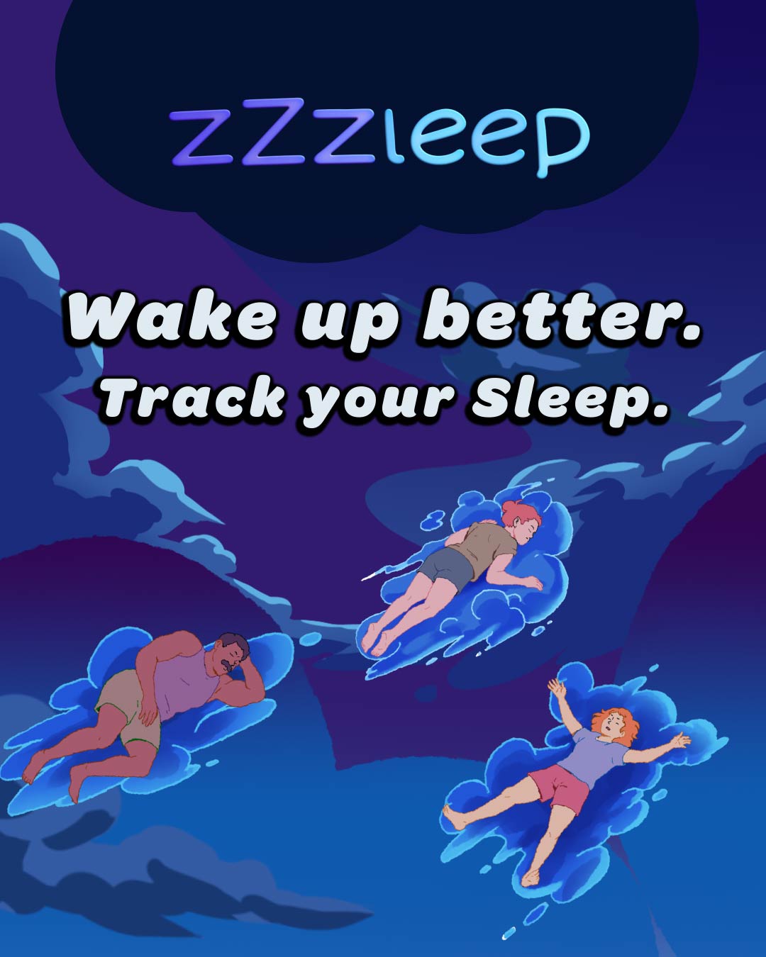 ZZZLEEP Feed-Post mit der Aussage „Wake up better, track your sleep“ im ruhigen, atmosphärischen Designstil.