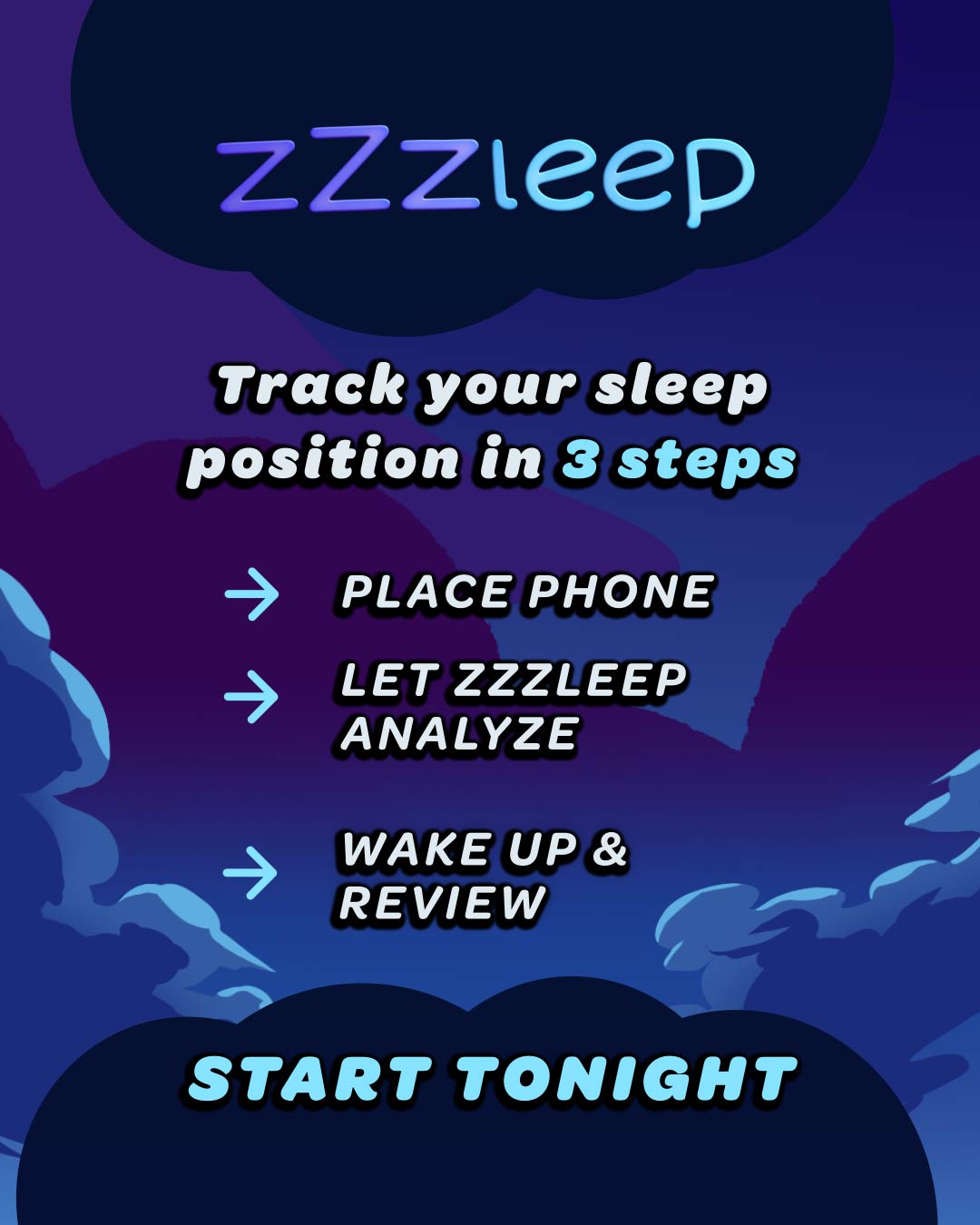 ZZZLEEP Feed-Post mit Informationen dazu, wie Schlaf in drei einfachen Schritten getrackt werden kann.