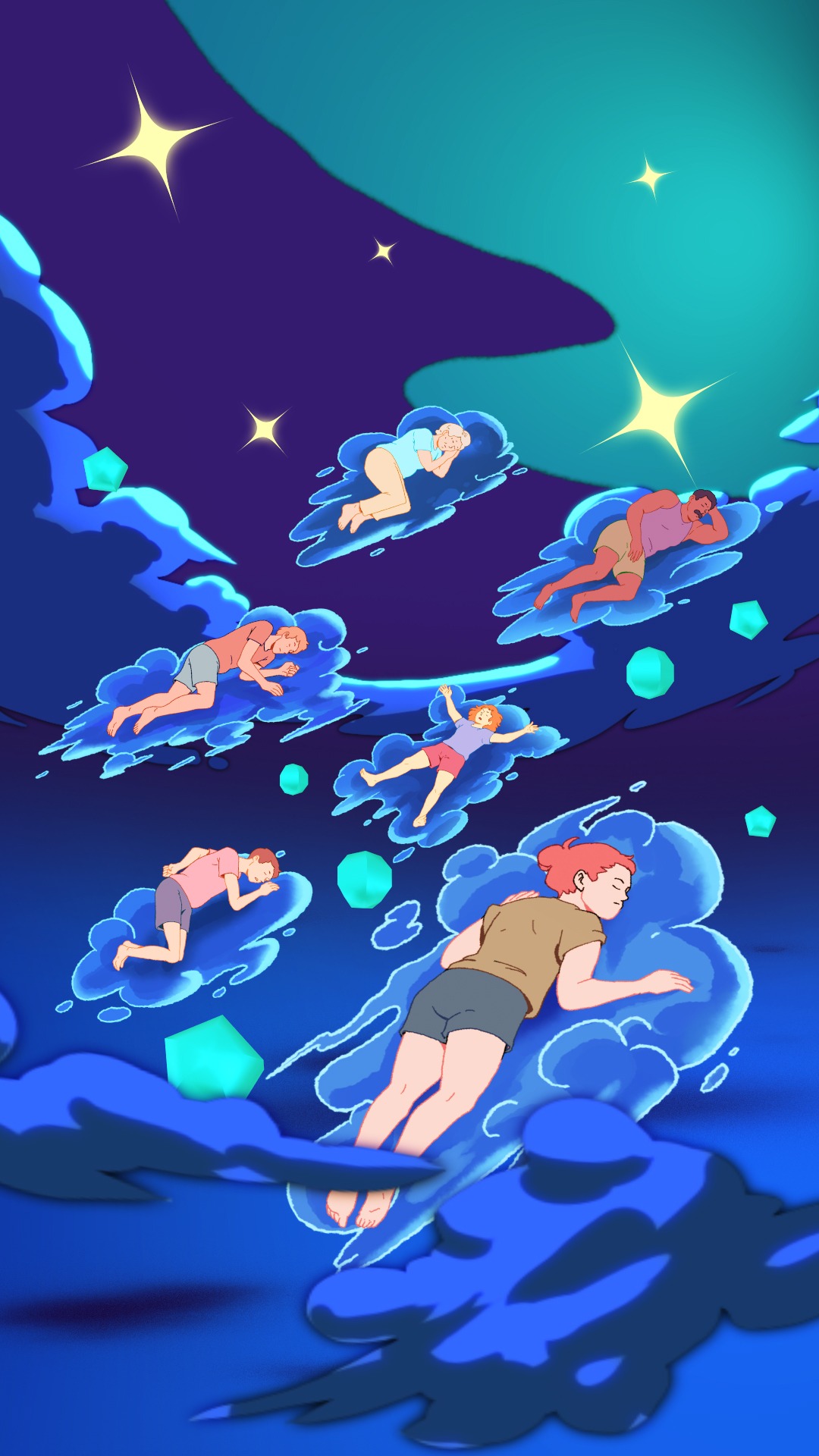 ZZZLEEP Wallpaper im Hochformat mit illustrierten Menschen, die auf stilisierten Wolken schlafen.