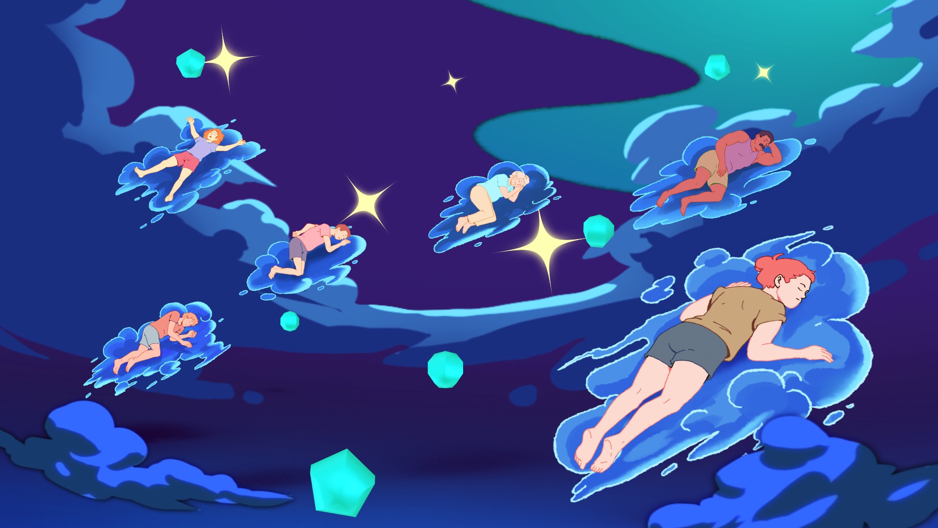 ZZZLEEP Wallpaper im Querformat mit illustrierten Menschen, die auf stilisierten Wolken schlafen.