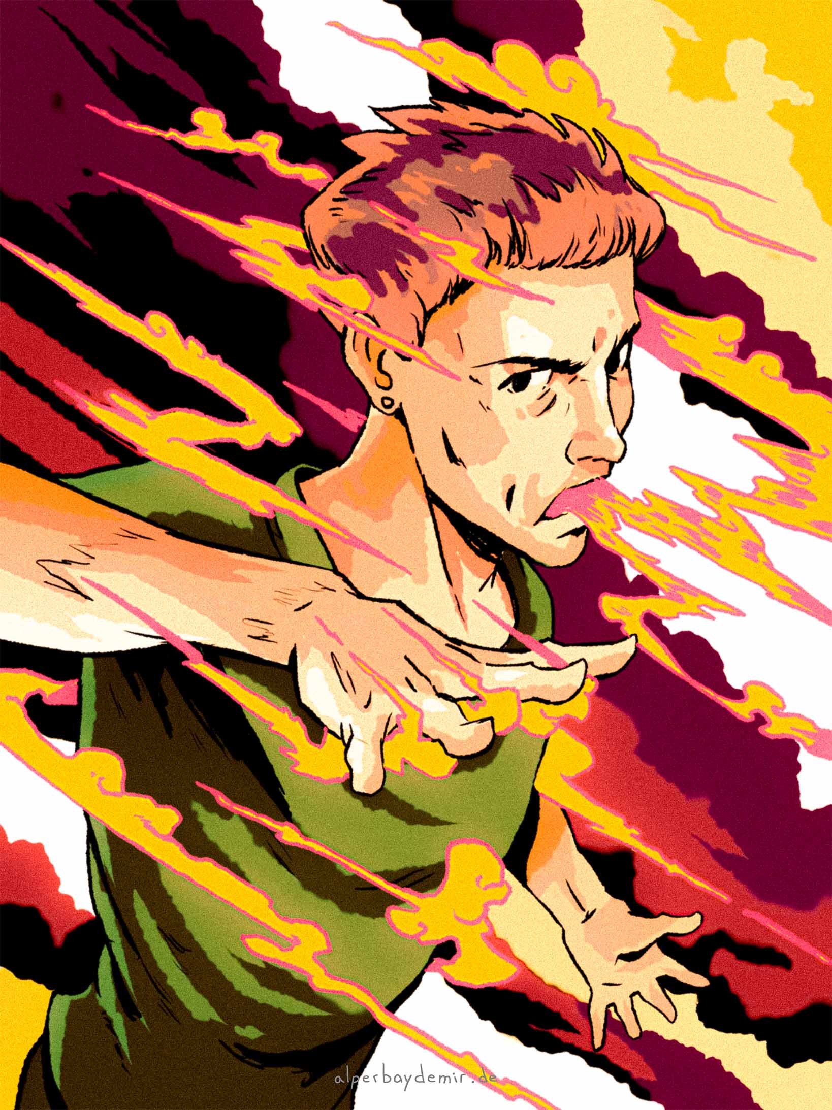 Illustration von einem Mann ab dem Torso, der entschlossen blickt, während roter, gelber und schwarzer Rauch aus seinem Mund und seiner Umgebung strömt.