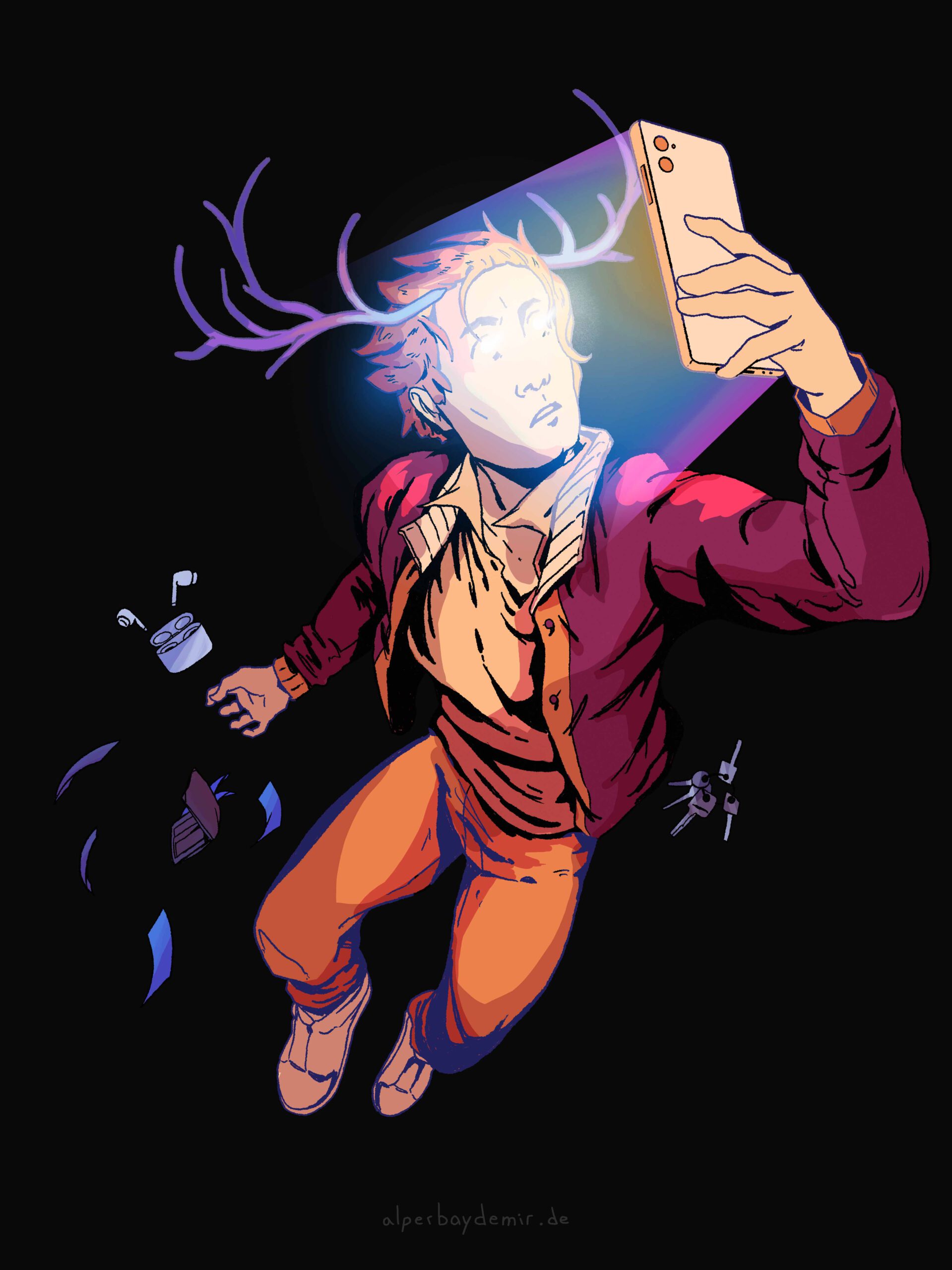 Illustration eines Mannes mit Geweih, der im Dunkeln schwebt und von dem hellen Licht seines Smartphones erfasst wird.