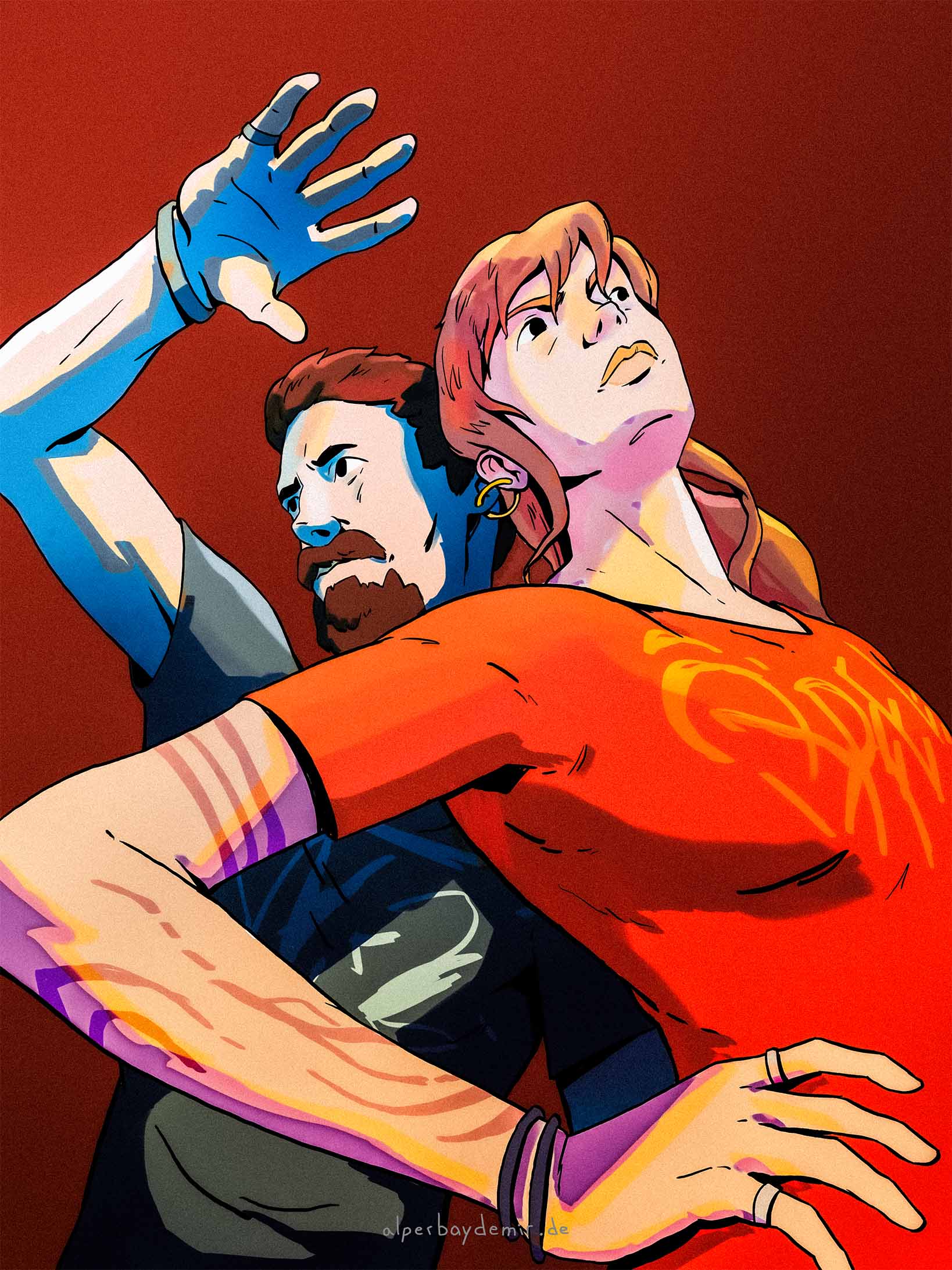 Illustration von einer Frau und einem Mann aus der Froschperspektive, die über einen gemeinsamen Ohrring miteinander verbunden sind.