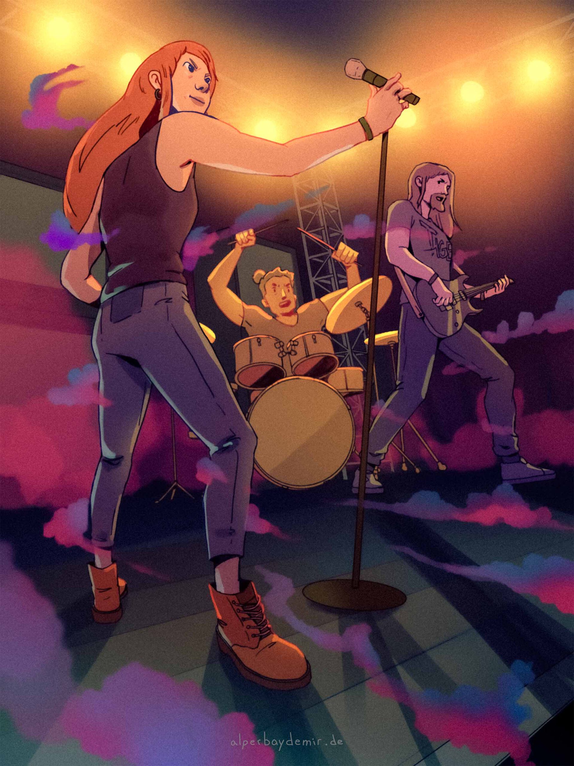 Dynamische Illustration von einem Band-Auftritt mit einer Sängerin, einem Gitarristen beim Spielen und einem Schlagzeuger