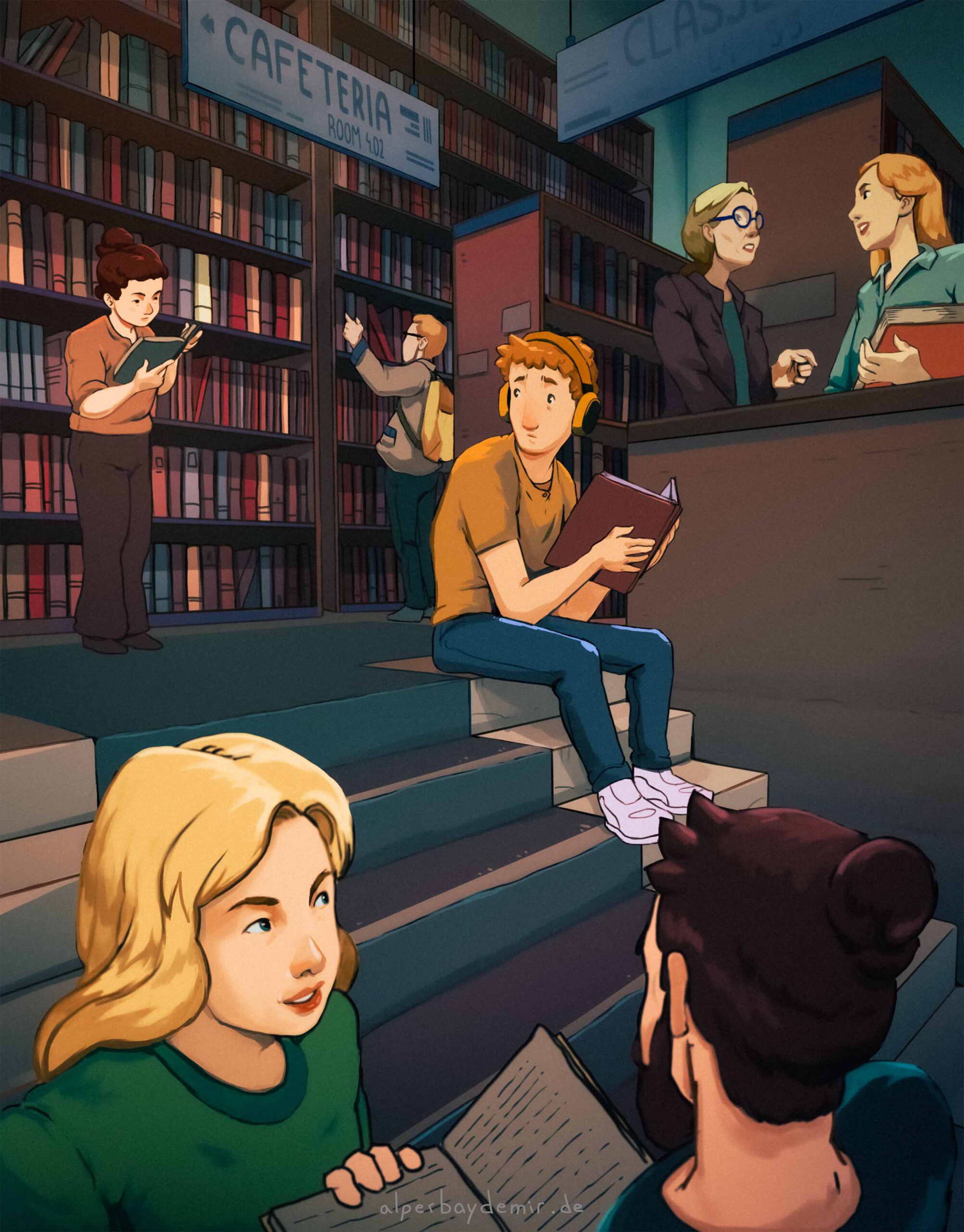 Illustration einer belebten Bibliothek mit vielen Studenten. In der Mitte sitzt ein Junge, der nervös über seine Schulter zu einer Frau hinter ihm blickt.