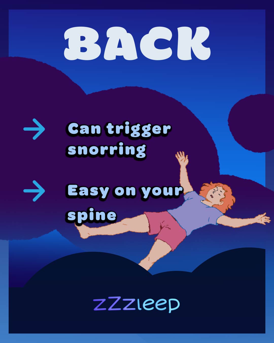 ZZZLEEP Carousel-Slide mit Informationen zur Schlafposition auf dem Rücken.