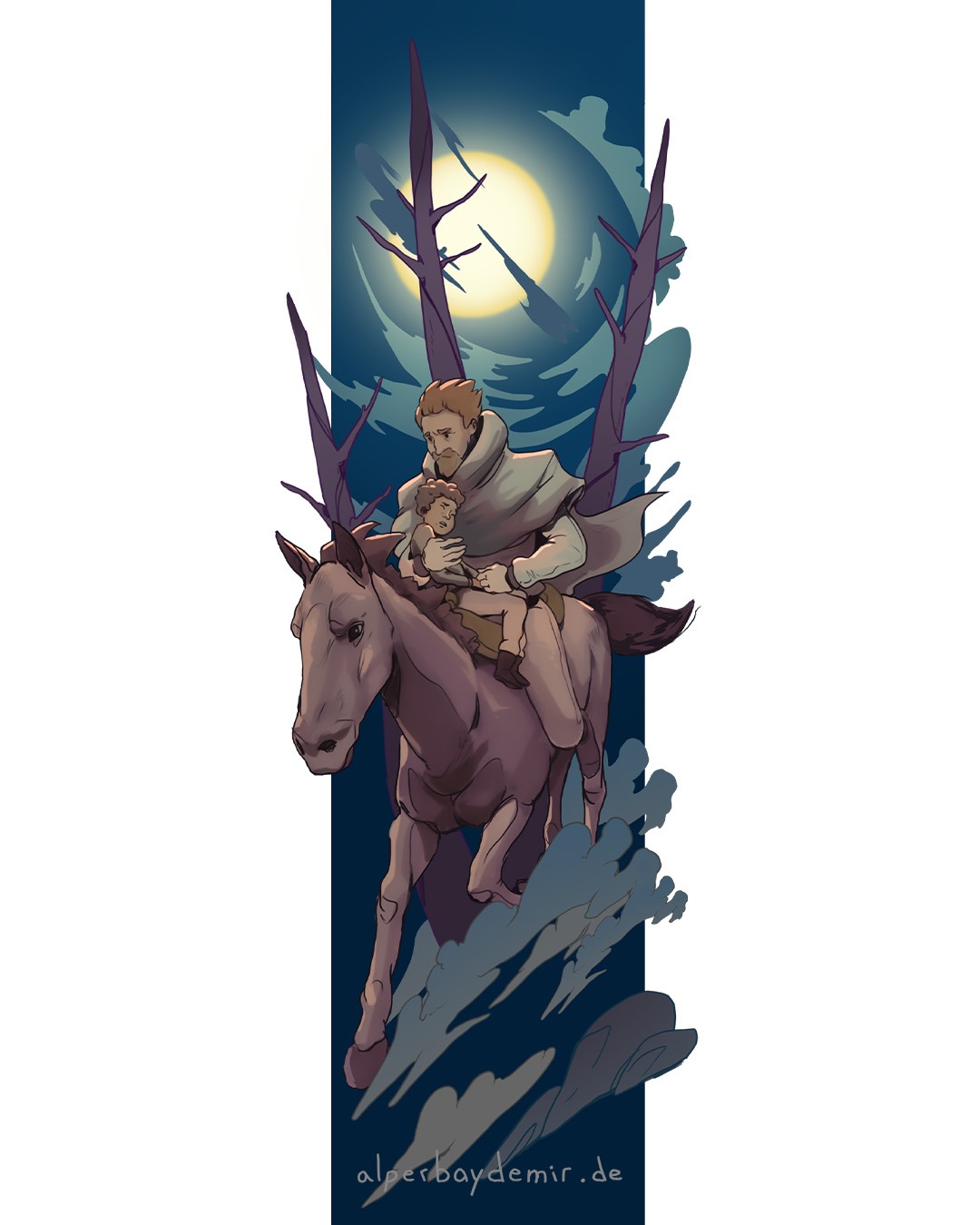 Vater reitet nachts mit seinem Kind auf einem Pferd durch eine dunkle Landschaft.