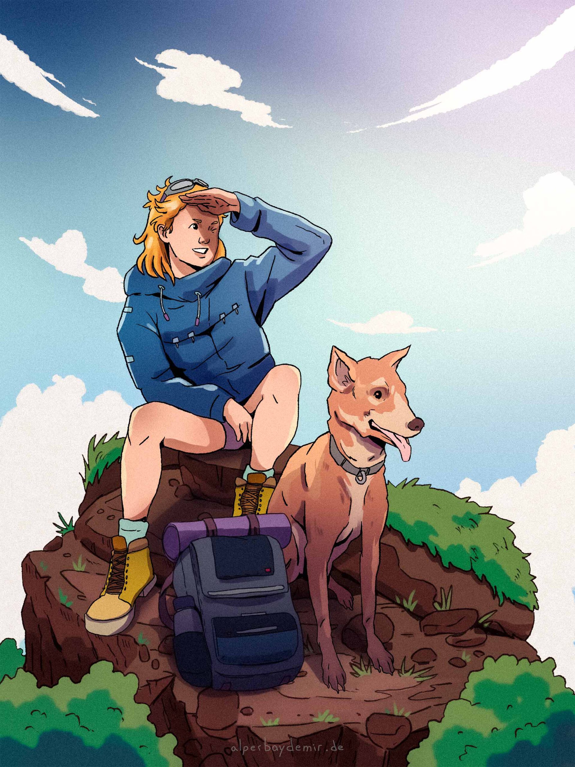Illustration von einer Frau in Wanderkleidung und ihrem Hund, die freudig auf einem Felsen in der Sonne sitzen und in die Ferne blicken.