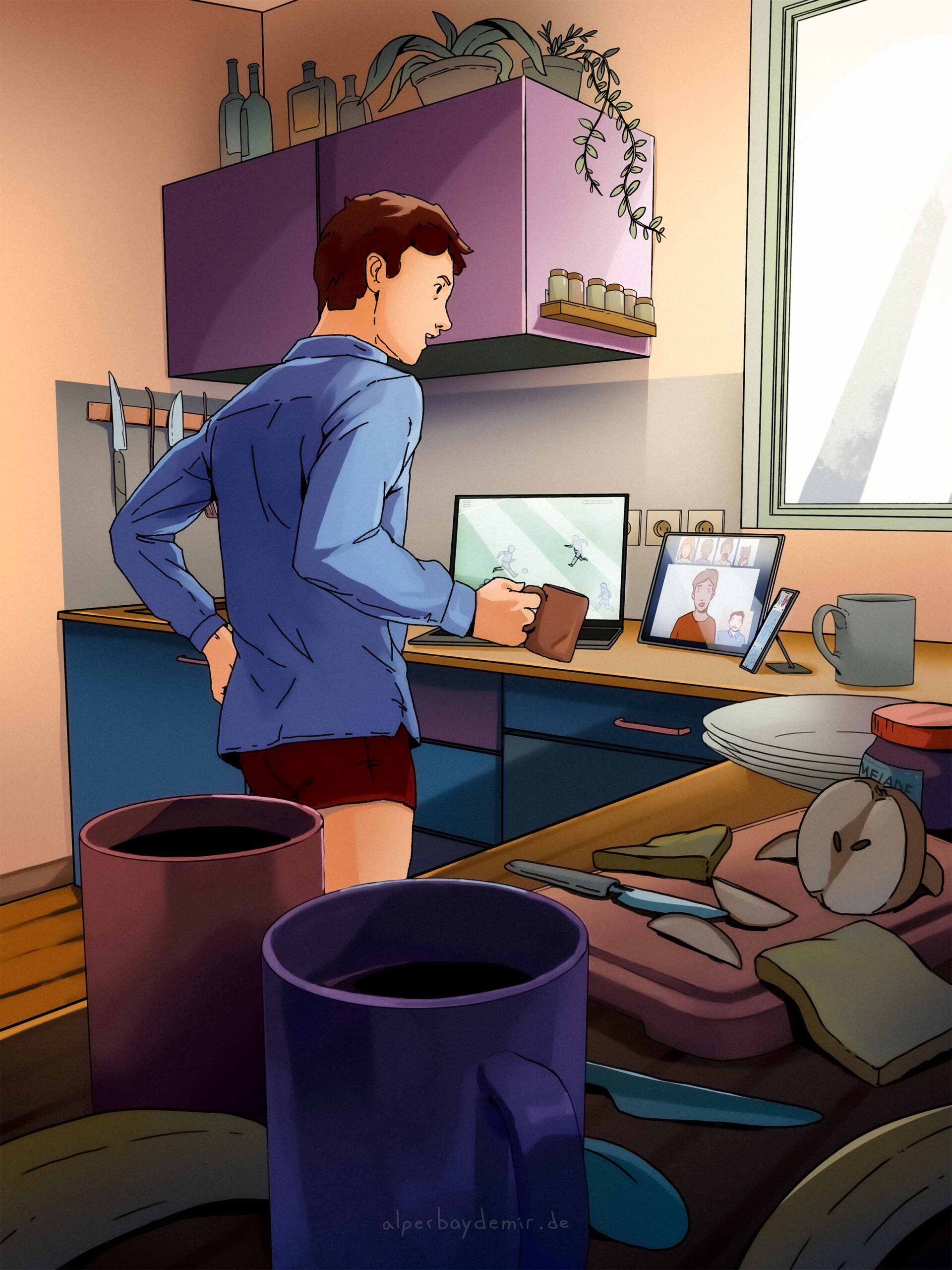 Illustration eines Mannes im Hemd und ohne Hose, der in einer Küche vor Laptop und Tablet steht und gleichzeitig an einem Meeting teilnimmt und Fußball schaut.