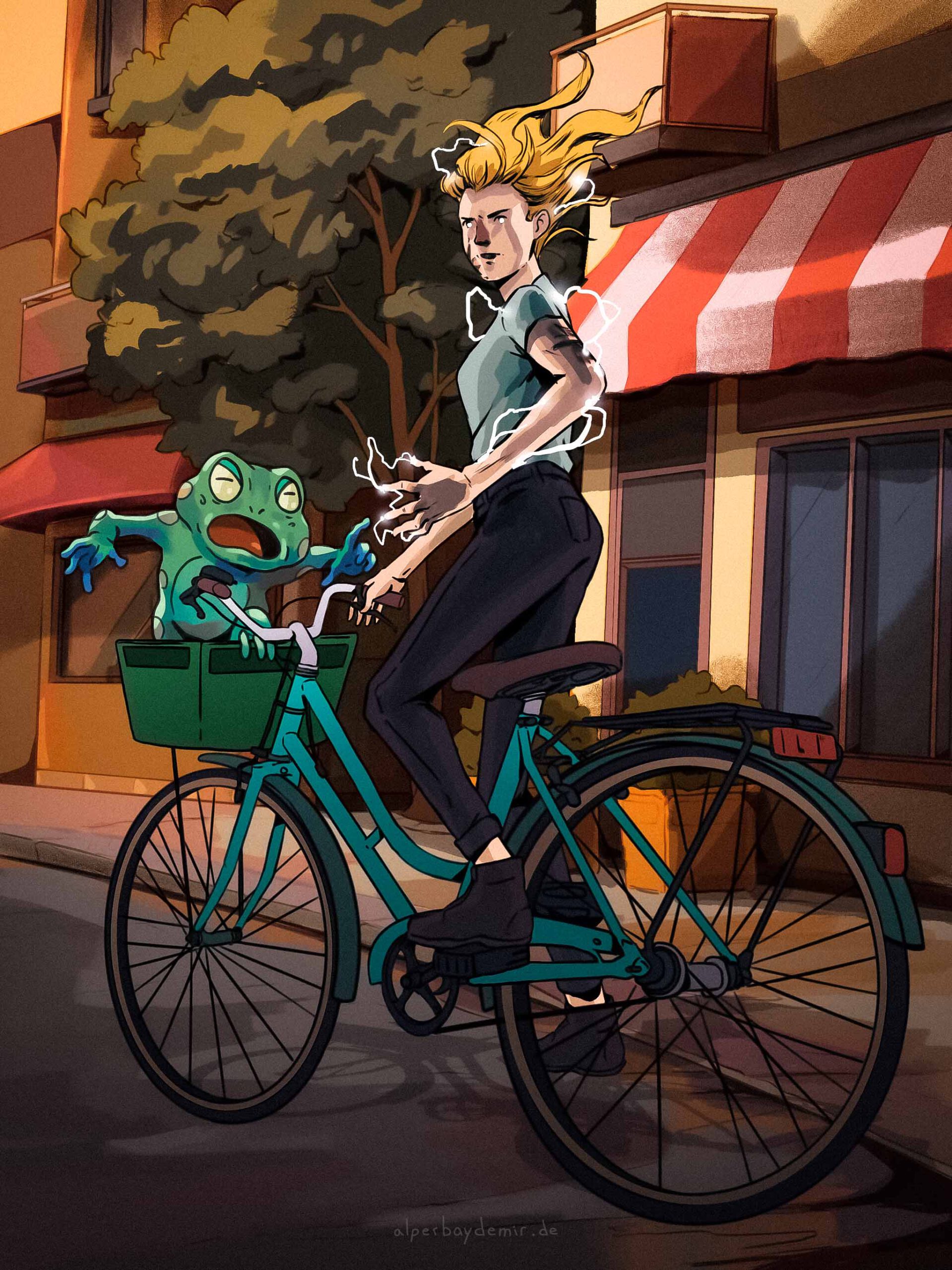 Nahaufnahme-Illustration einer blonden Frau auf einem türkisen Fahrrad mit einem Frosch im grünen Korb. Blitze schießen aus ihren Armen, ihre Augen glühen, und ihre Haare werden hochgewirbelt, während sie über die Schulter zurückblickt.