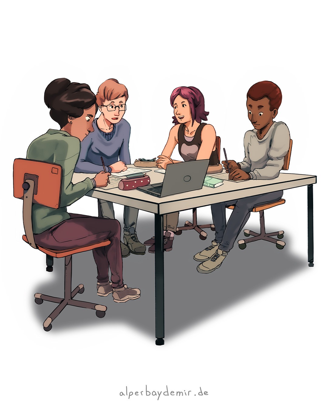 Lerngruppe aus Zehntklässler:innen sitzt um einen Tisch mit Lernutensilien.