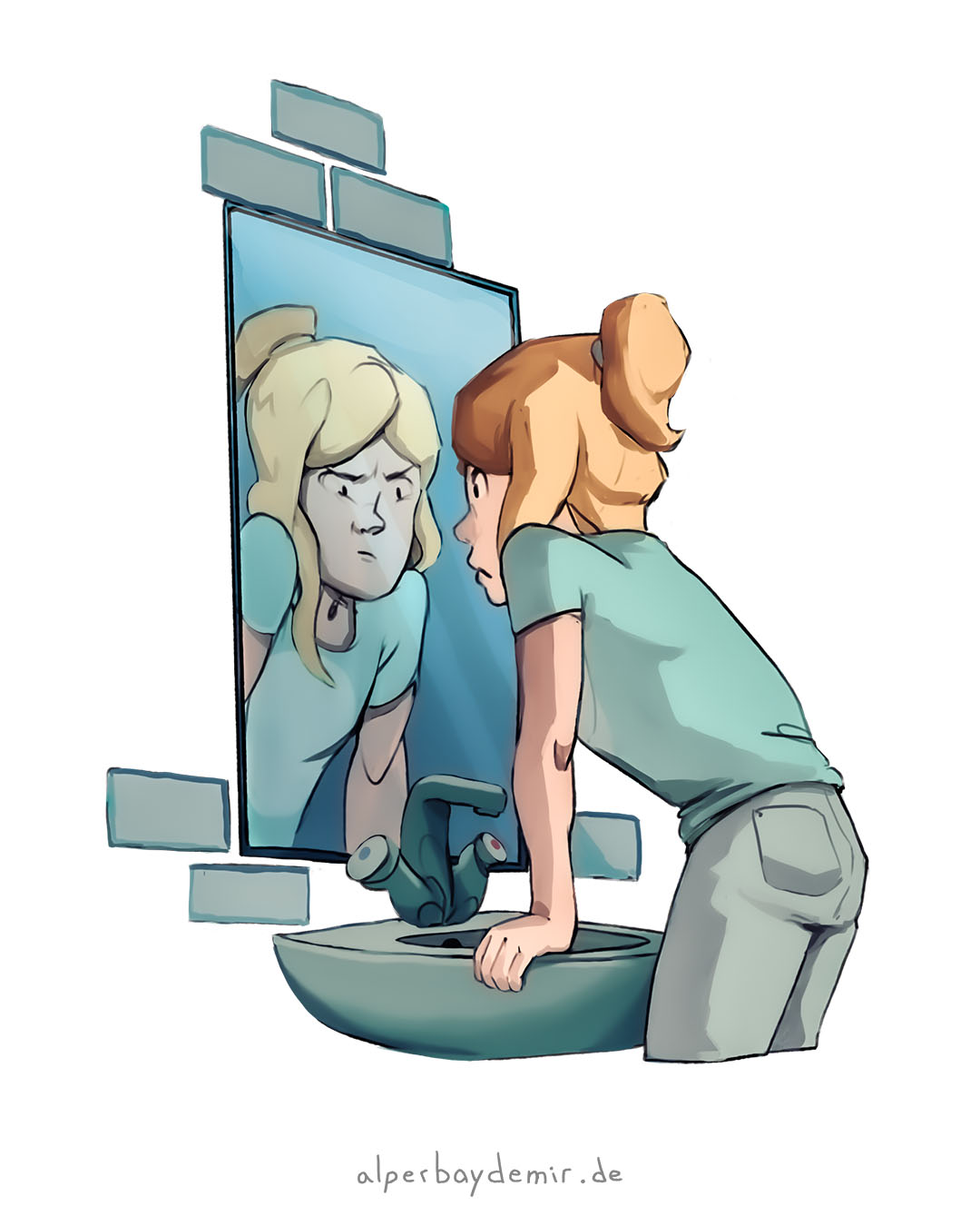 Jugendliches Mädchen schaut eifersüchtig und frustriert in einen Badezimmerspiegel.