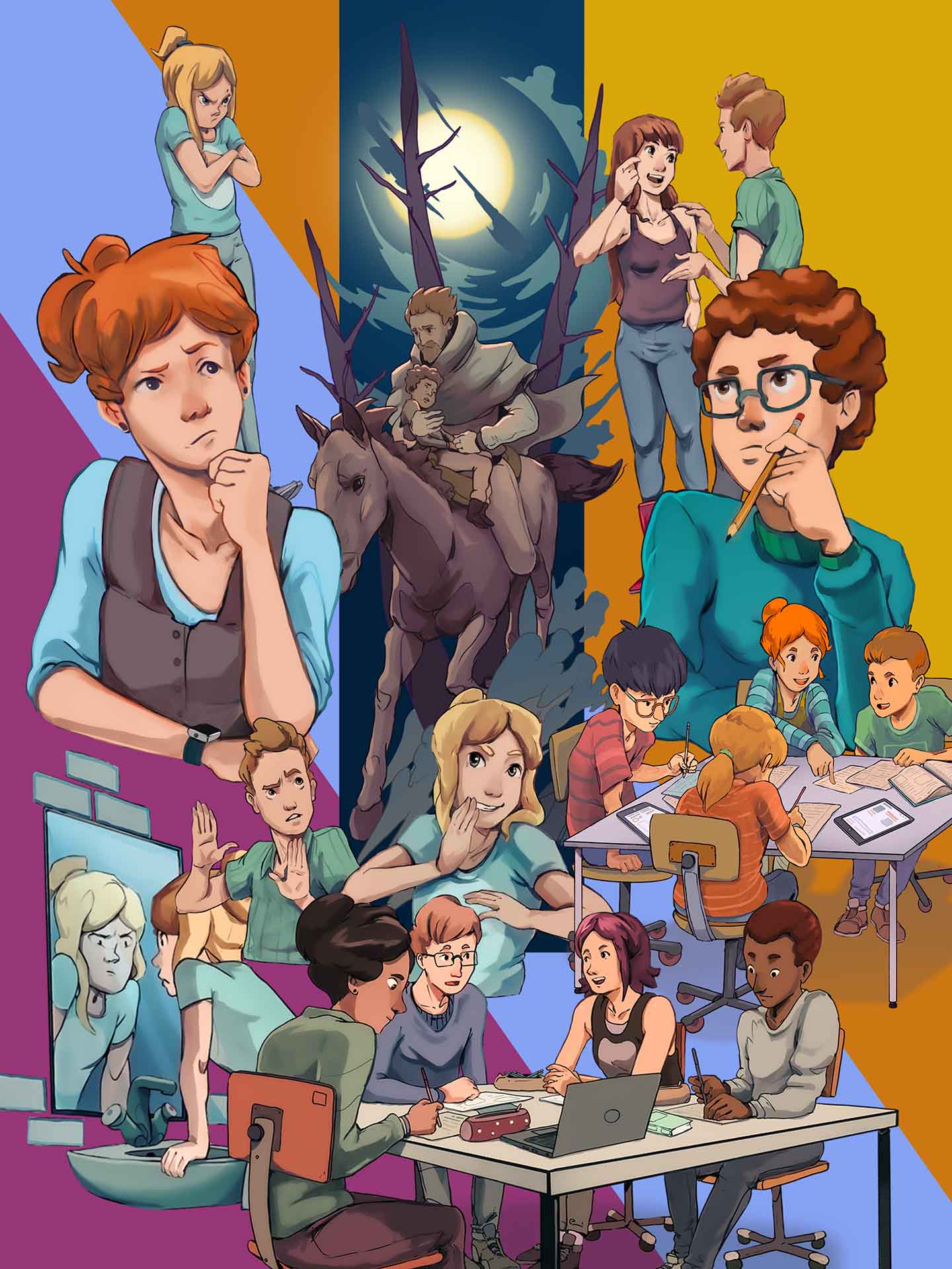 Auswahl an Schulbuch-Illustrationen mit Figuren und Szenen aus dem Schulkontext.