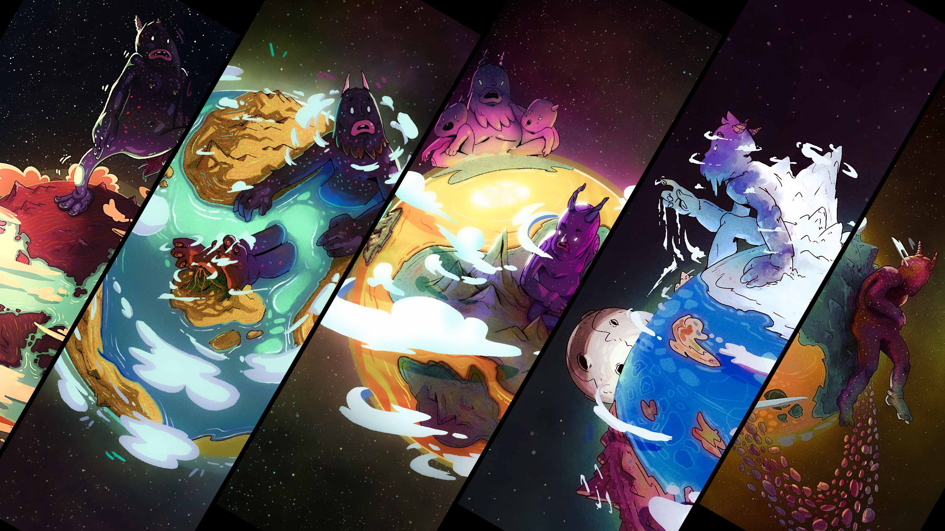 Illustration im Splitscreen-Design mit fünf vertikalen oder horizontalen Bereichen. Jeder Bereich zeigt ein Monster auf einem Planeten: beim Baden am Vulkan, am Nordpol, mit Baby am Horizont, entspannt sitzend und im Asteroidengürtel.