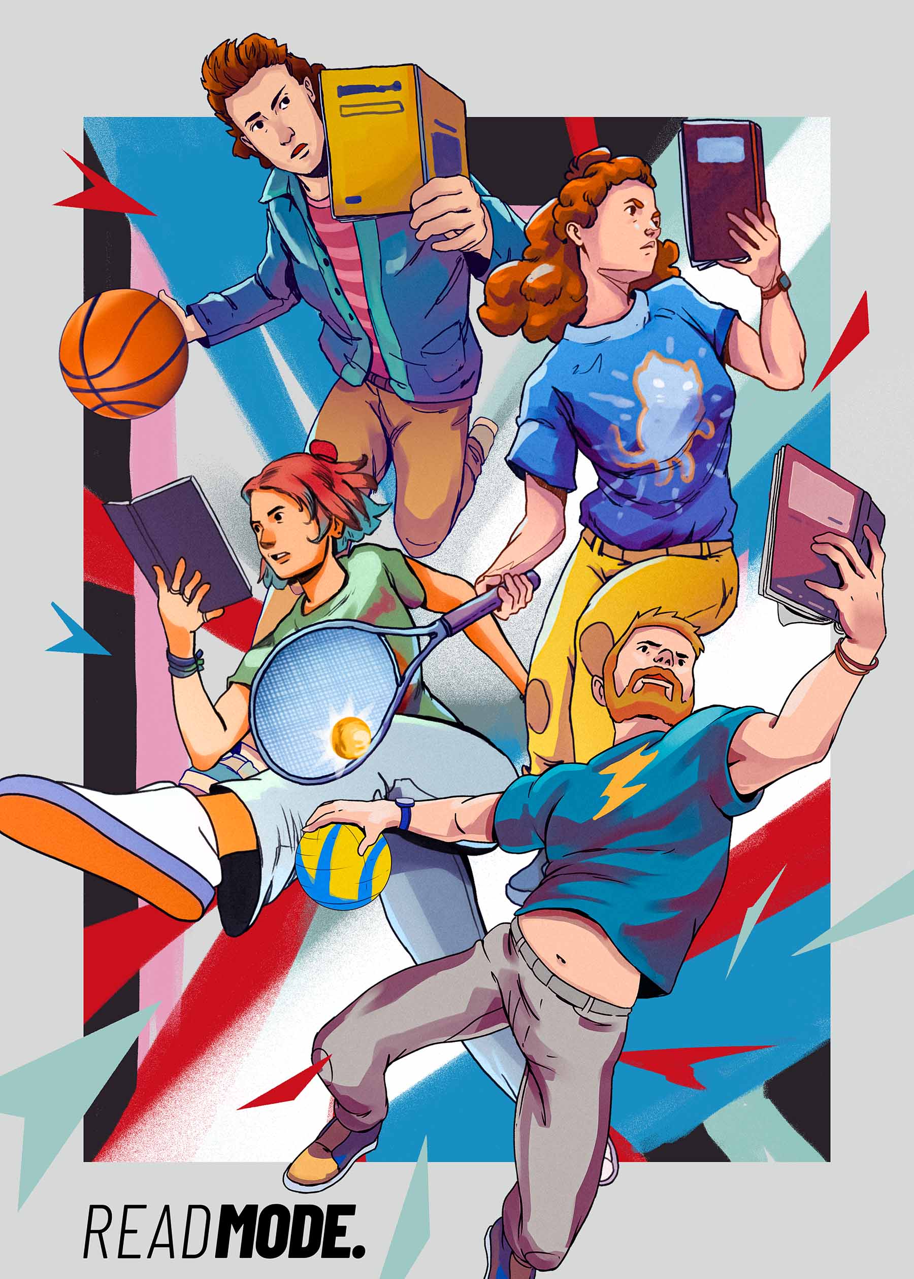 Dynamische Plakat-Illustration, die vier Menschen in sportlichen Bewegungen zeigt: ein Fußballer, eine Basketballerin, ein Handballer und eine Tennisspielerin, die jeweils ein Buch in der Hand halten und lesen.