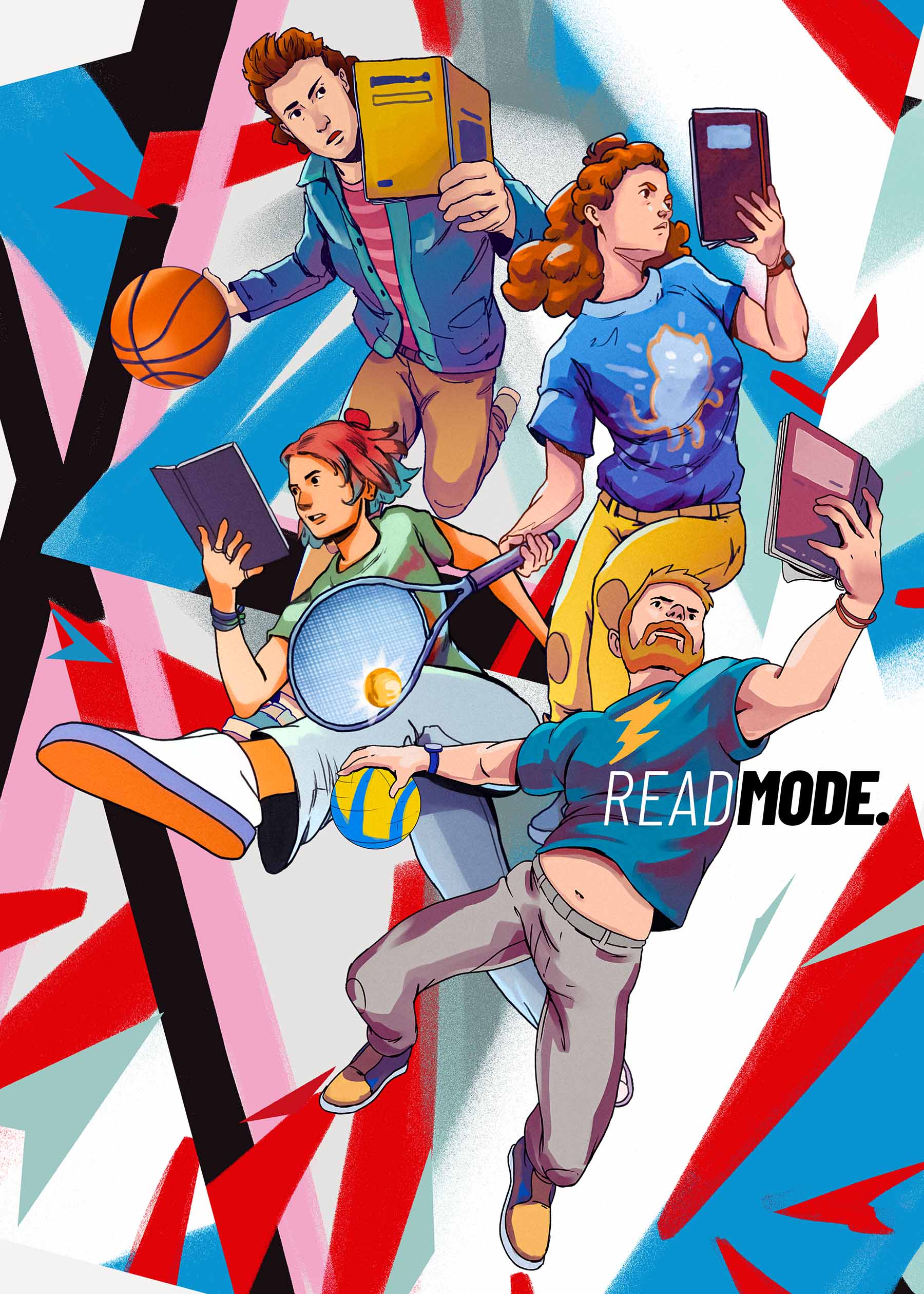 Dynamische Plakat-Illustration, die vier Menschen in sportlichen Bewegungen zeigt: ein Fußballer, eine Basketballerin, ein Handballer und eine Tennisspielerin, die jeweils ein Buch in der Hand halten und lesen.