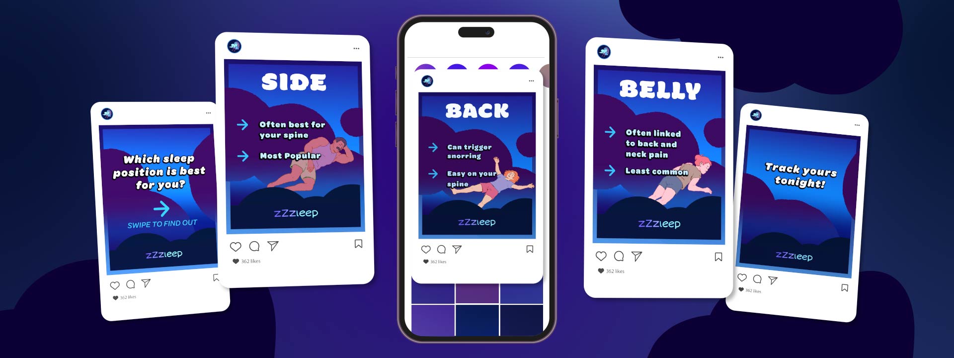 ZZZLEEP Banner mit mehreren Social-Media-Carousel-Bildern in einer Mockup-Ansicht.