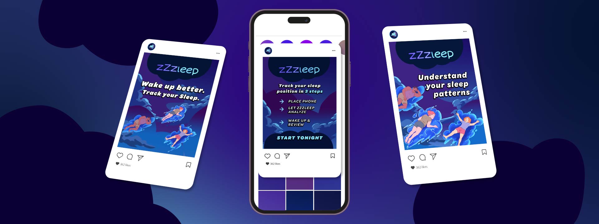 ZZZLEEP Banner mit drei Social-Media-Feed-Designs in einer Mockup-Ansicht.